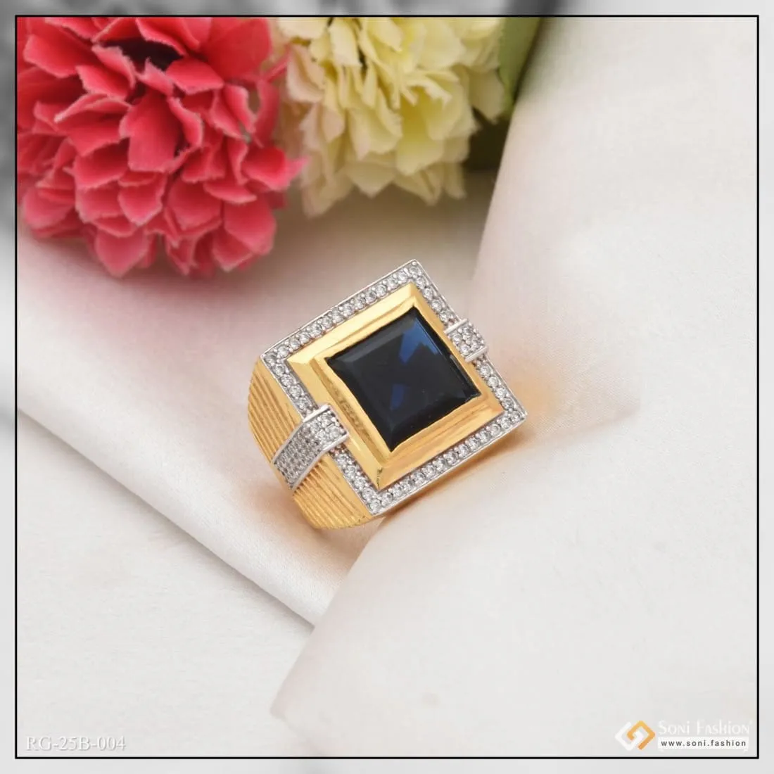 1 Gram Gold Forming Blue Stone With Diamond Glamorous Design Ring - Style B004