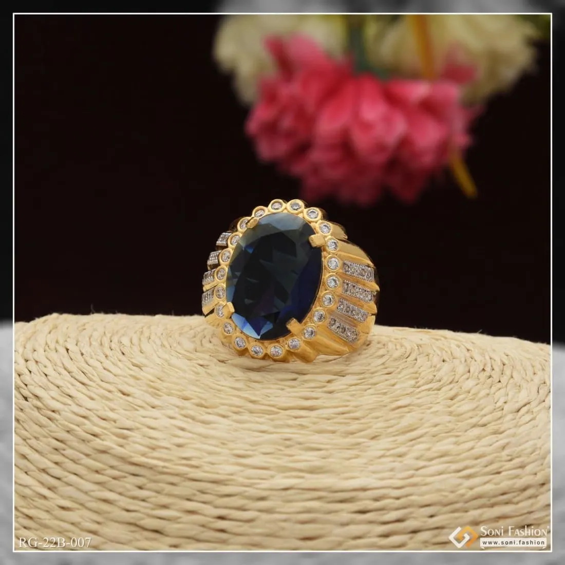 1 Gram Gold Forming Blue Stone with Diamond Glamorous Design Ring - Style B007