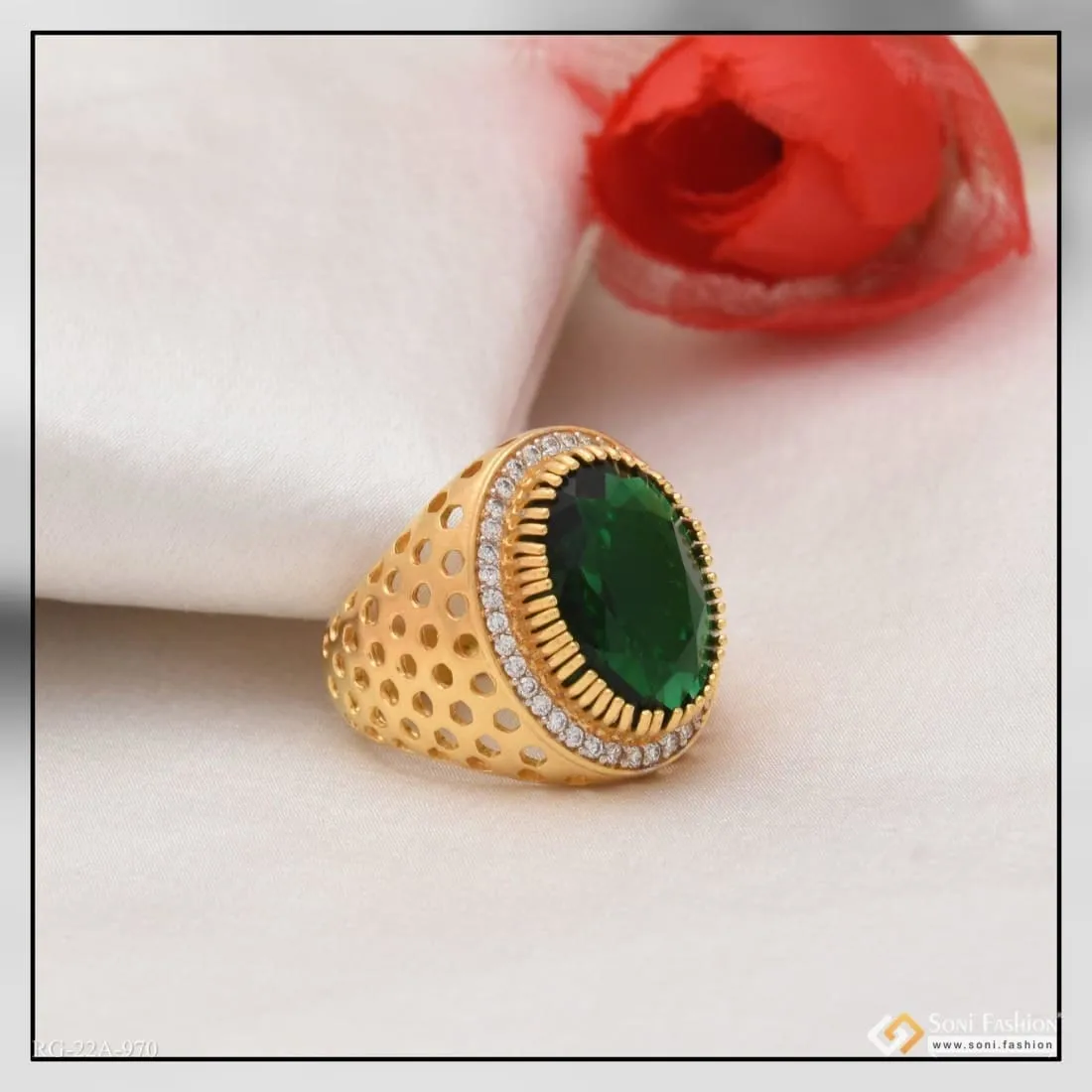 1 Gram Gold Forming Green Stone with Diamond Glamorous Design Ring - Style A970