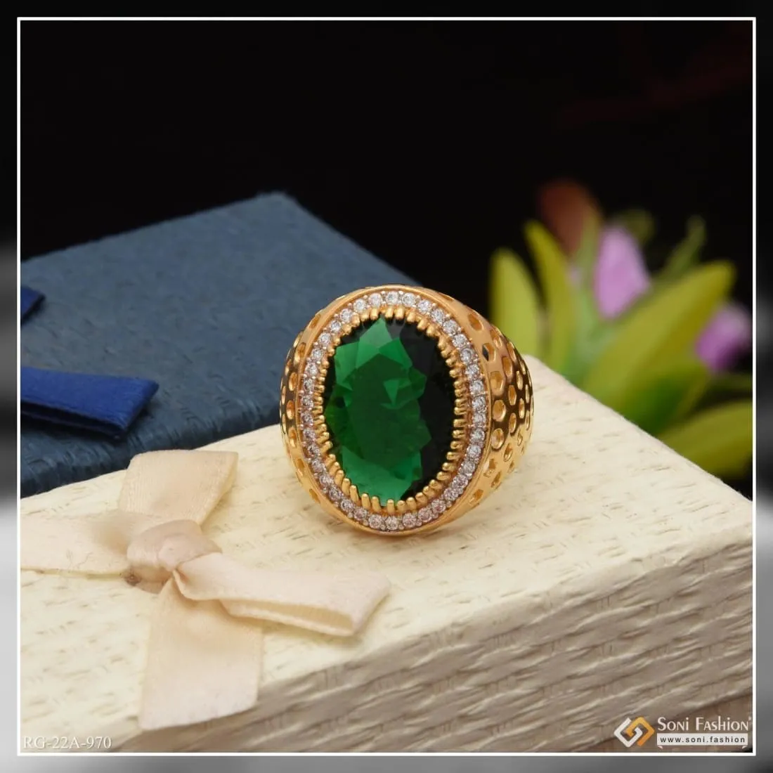 1 Gram Gold Forming Green Stone with Diamond Glamorous Design Ring - Style A970