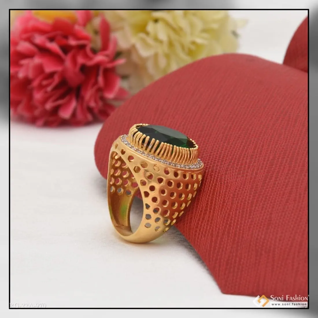 1 Gram Gold Forming Green Stone with Diamond Glamorous Design Ring - Style A970