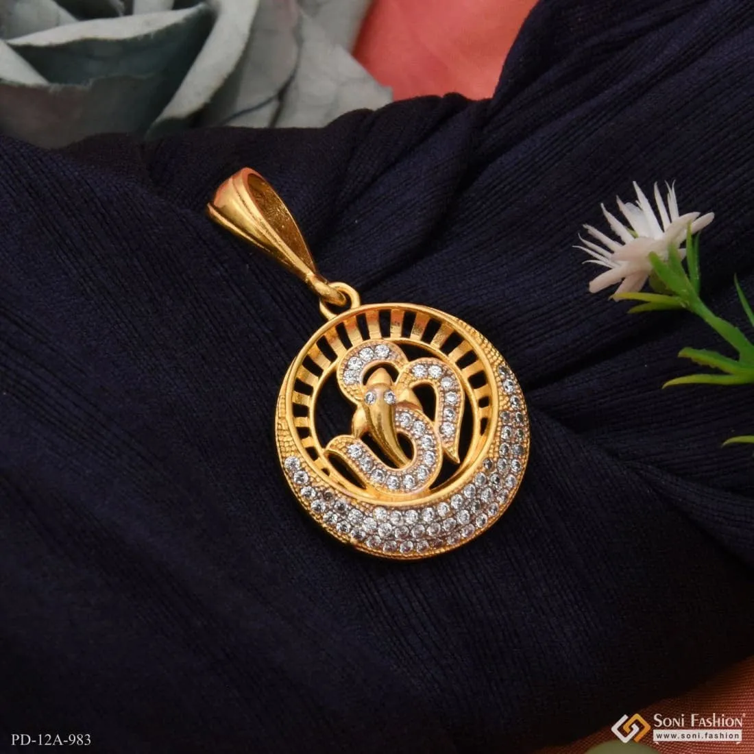 1 Gram Gold Forming Om With Diamond Glamorous Design Pendant For Men - Style A983