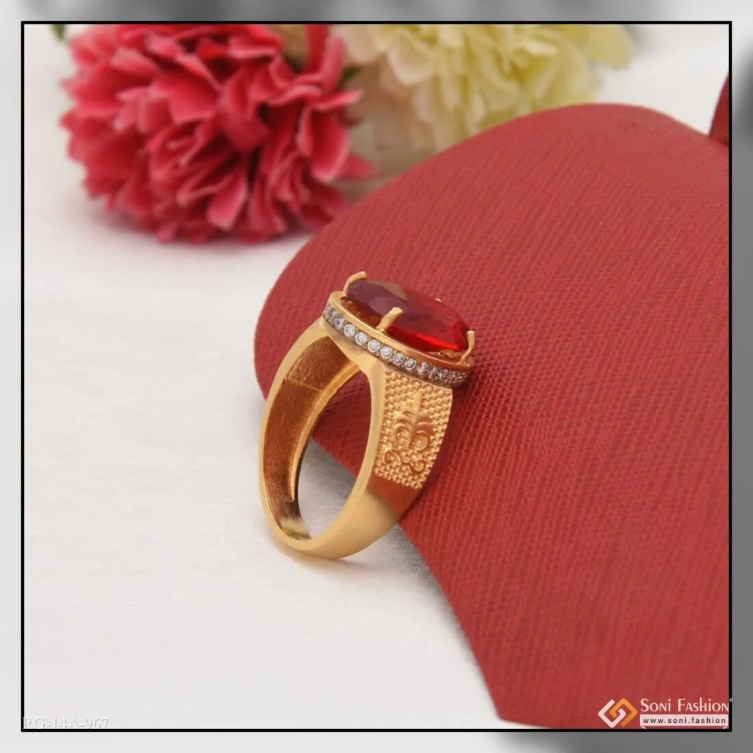 1 Gram Gold Forming Pink Stone with Diamond Glamorous Design Ring - Style A967