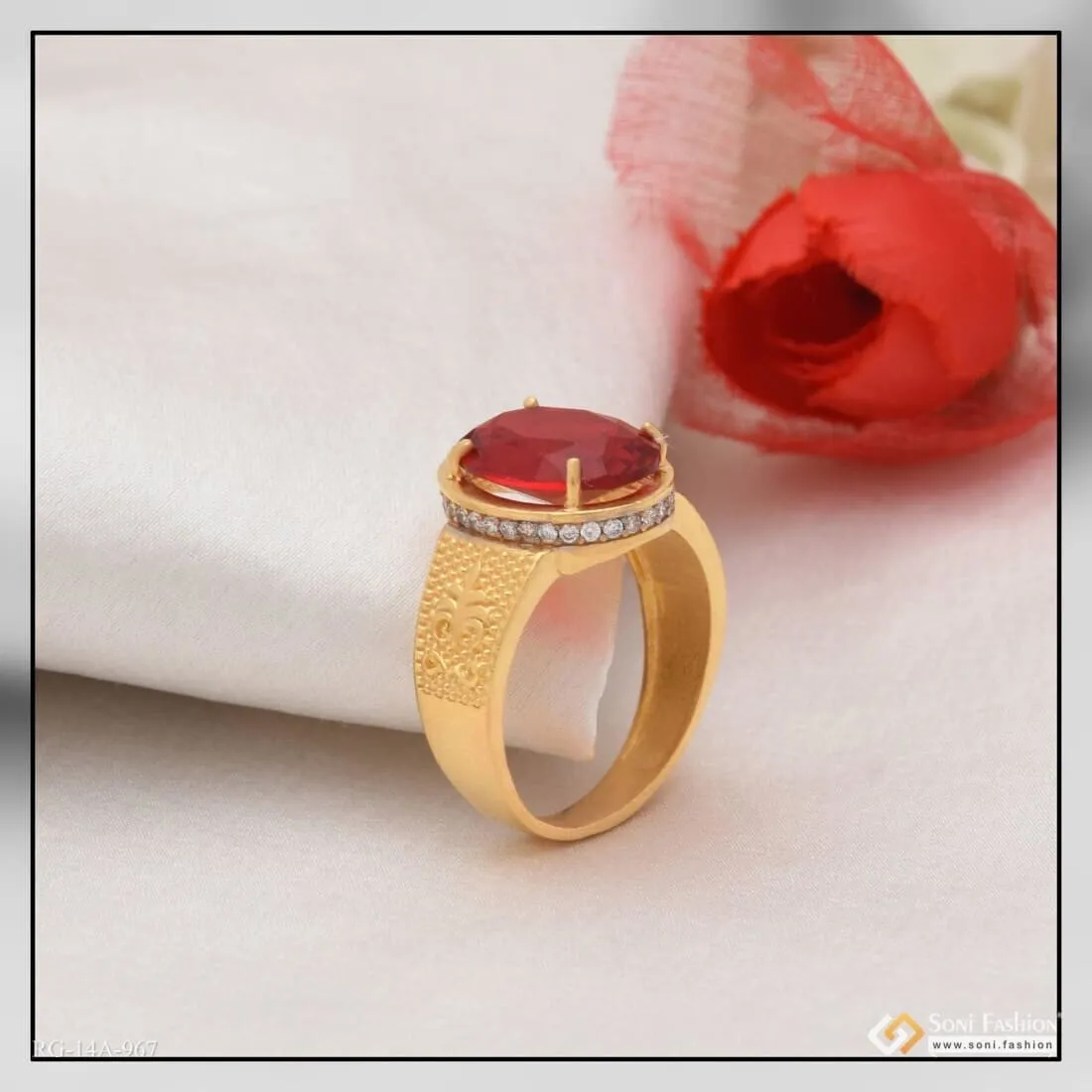 1 Gram Gold Forming Pink Stone with Diamond Glamorous Design Ring - Style A967