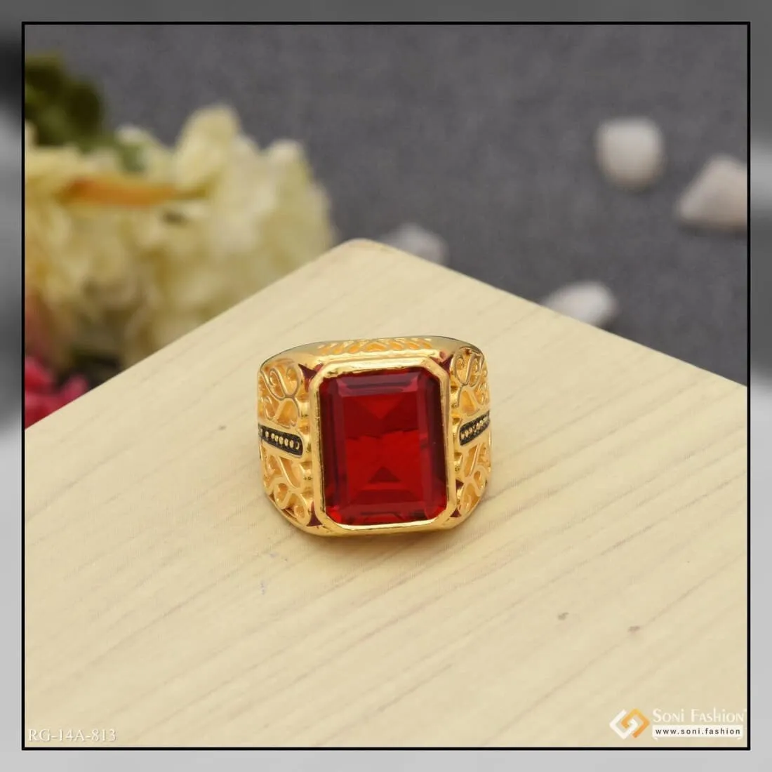 1 Gram Gold Forming Red Stone With Diamond Glamorous Design Ring - Style A813