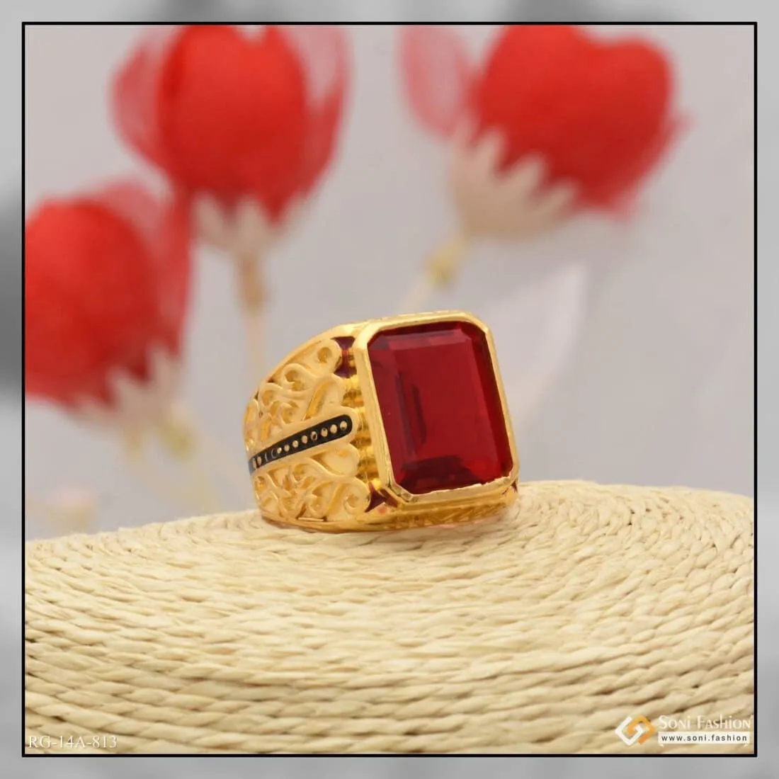 1 Gram Gold Forming Red Stone With Diamond Glamorous Design Ring - Style A813