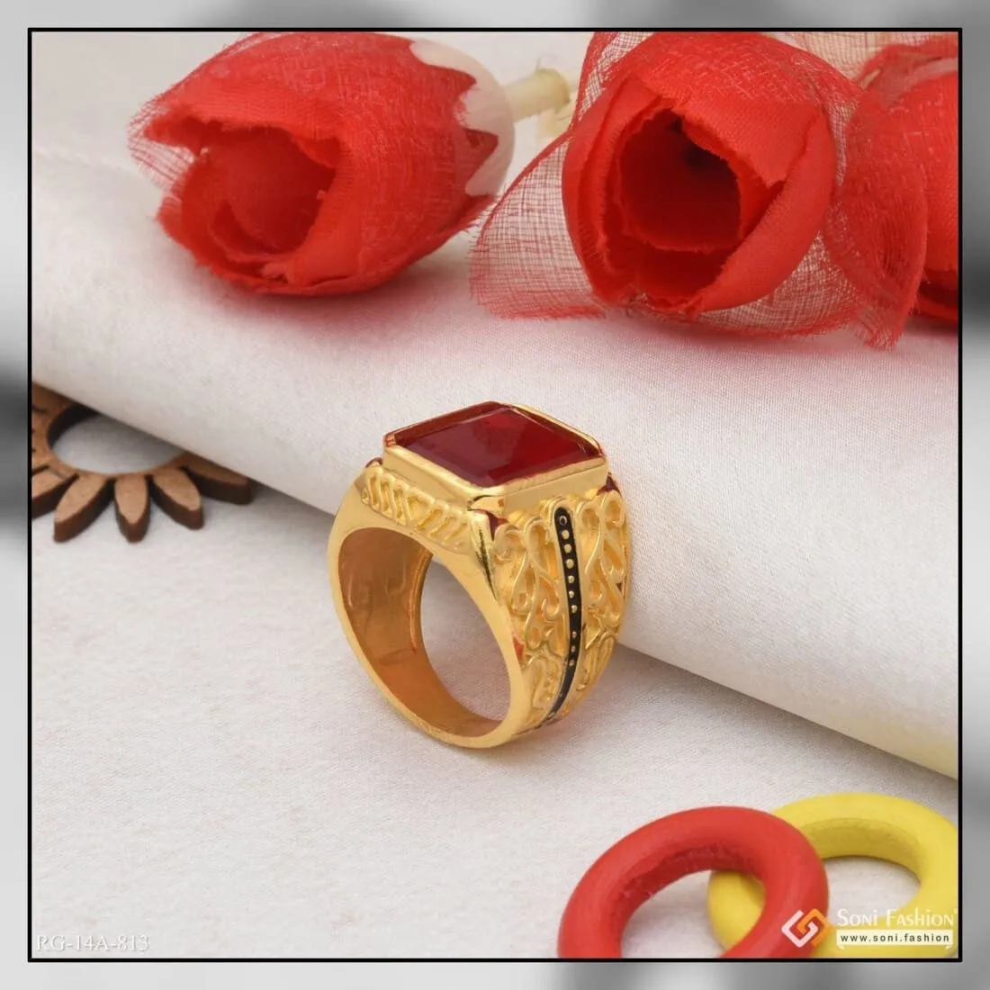 1 Gram Gold Forming Red Stone With Diamond Glamorous Design Ring - Style A813