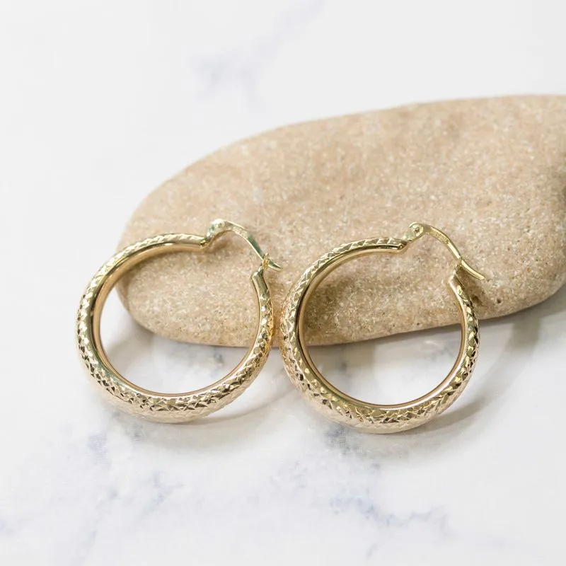 14K Gold Textured Hoop Earrings