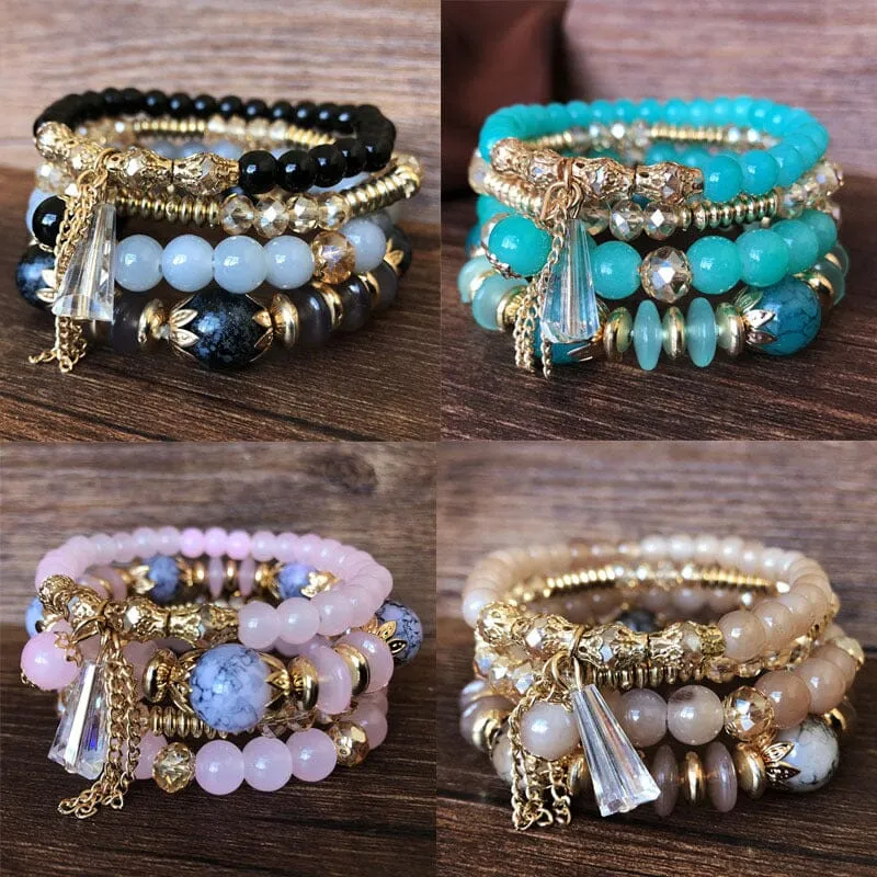 4-Pieces Set of Beaded Bohemian Style  Crystal Bracelet