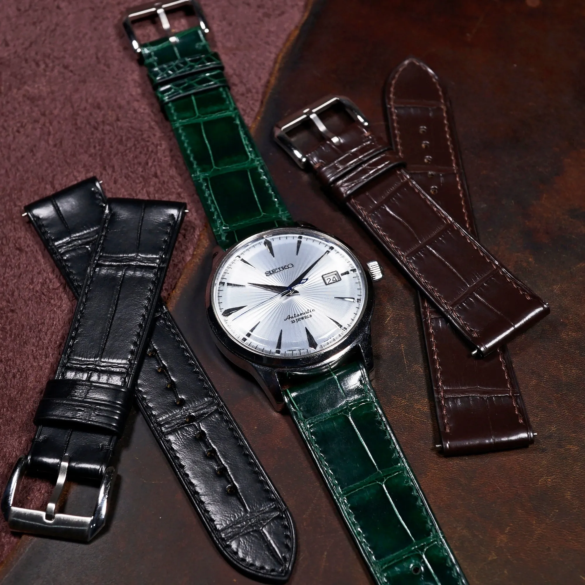 Alligator Leather Watch Strap in Green (Glossy)