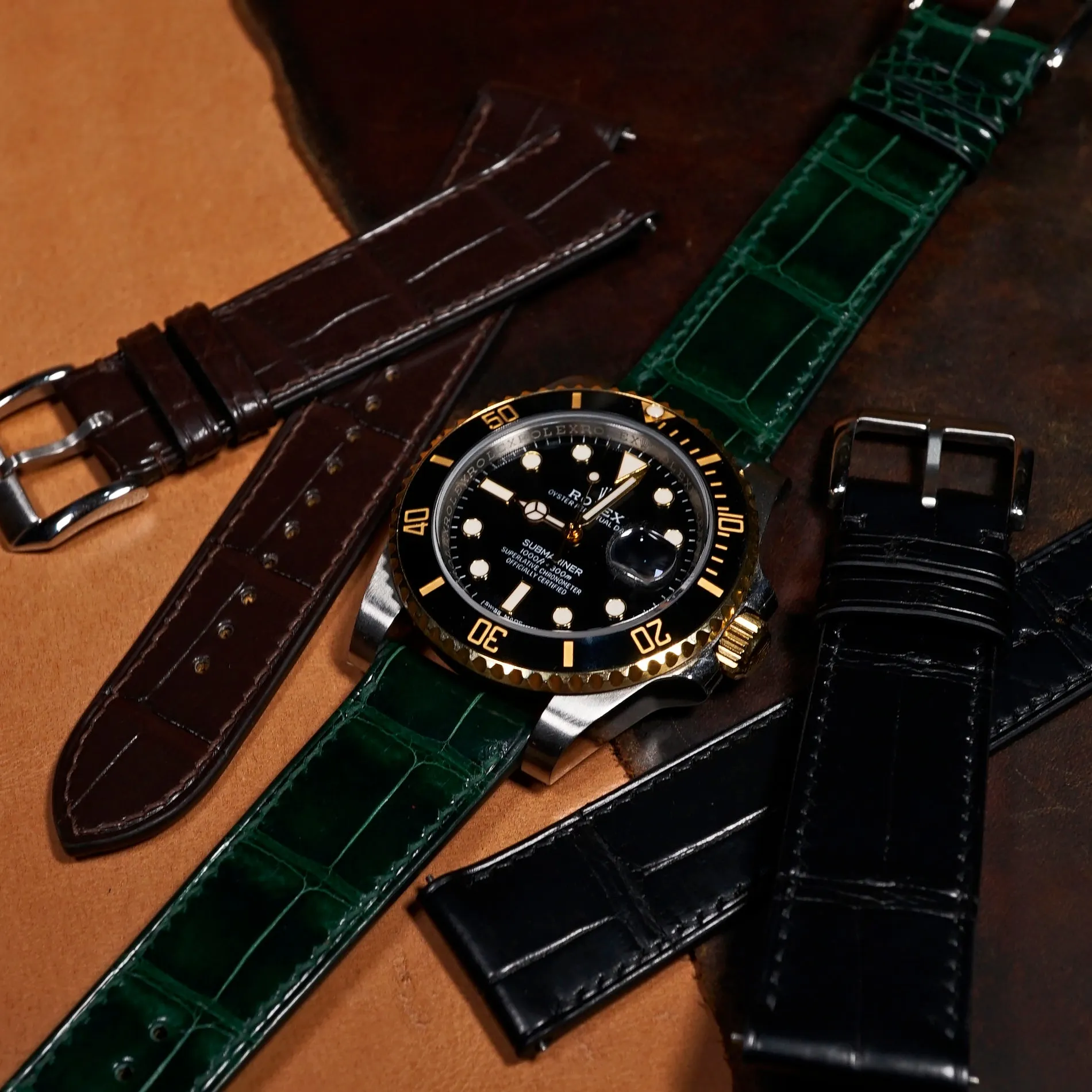 Alligator Leather Watch Strap in Green (Glossy)