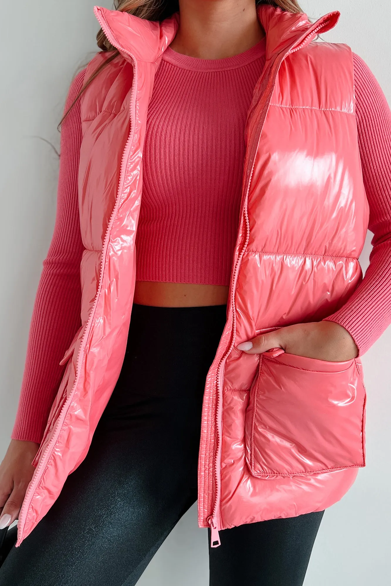 Always Girly Oversized Glossy Puffer Vest (Bubble Gum)