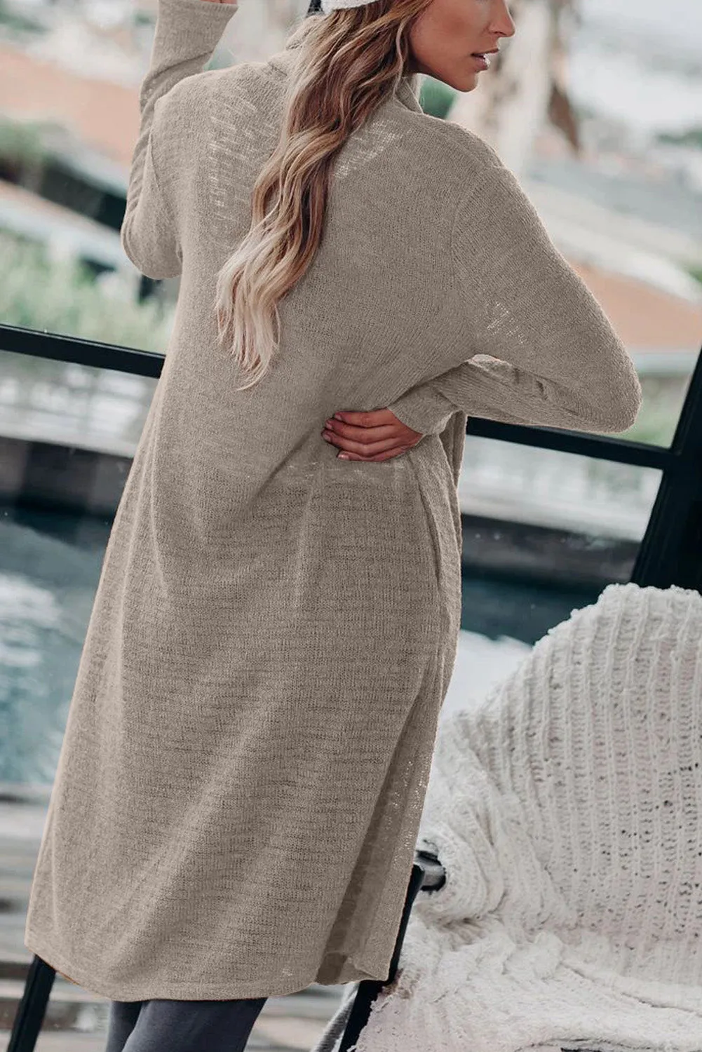 Beige Long Sleeves Pocketed Slouchy Cardigan