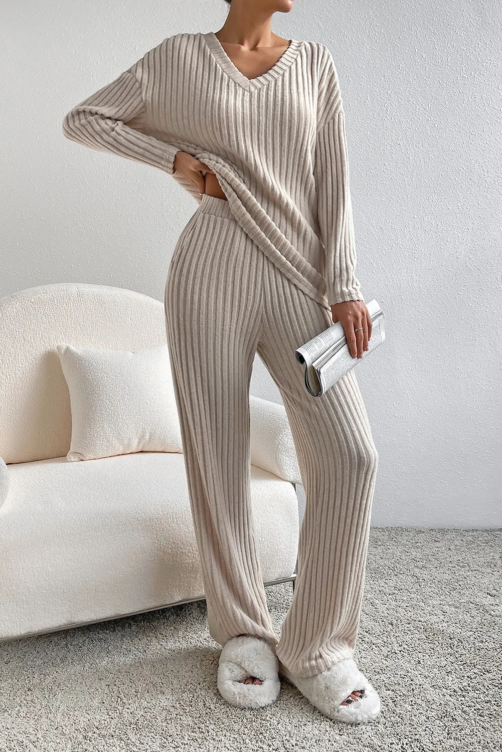 Beige Relaxed Slouchy Ribbed Lounge Set