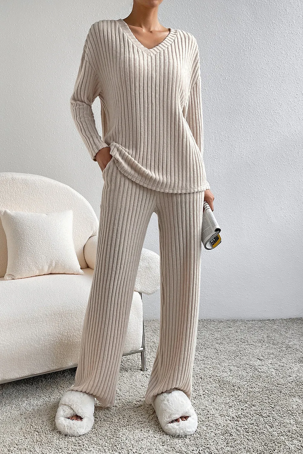 Beige Relaxed Slouchy Ribbed Lounge Set