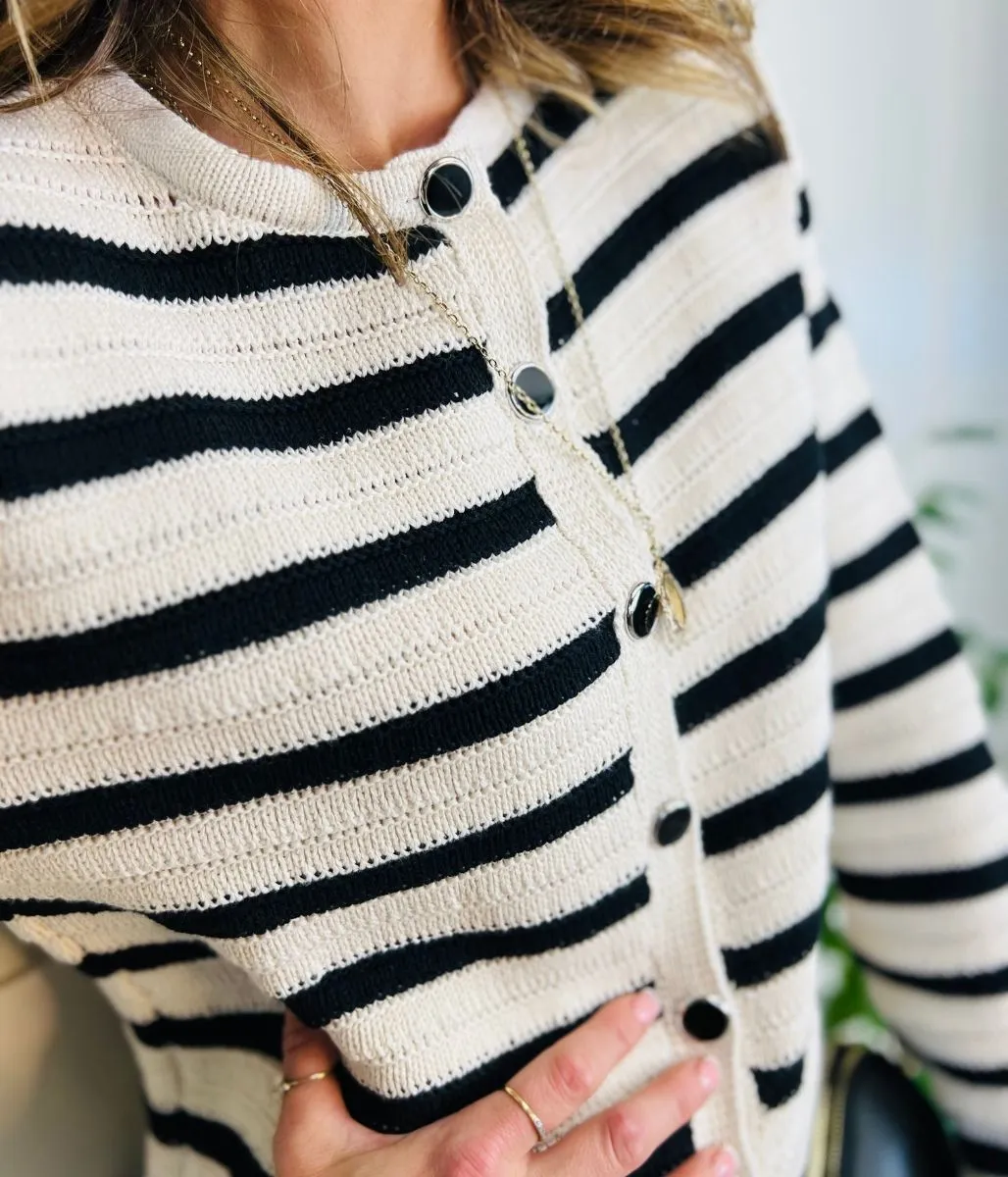 Black Stripe Textured Knit Cardigan