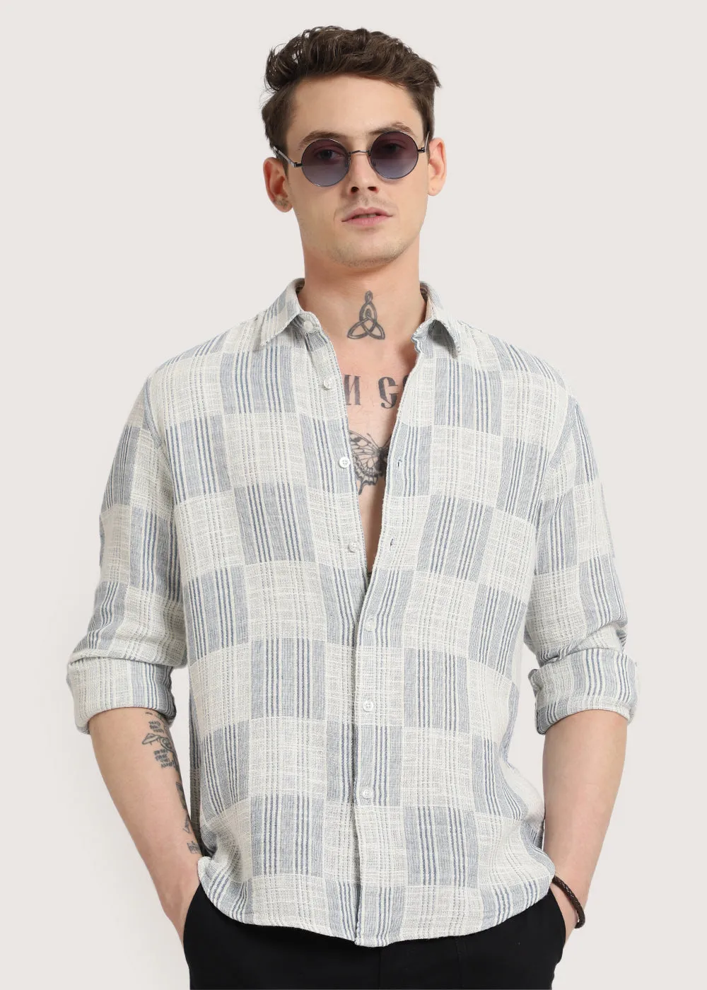 Blue Pin Check Textured Shirt