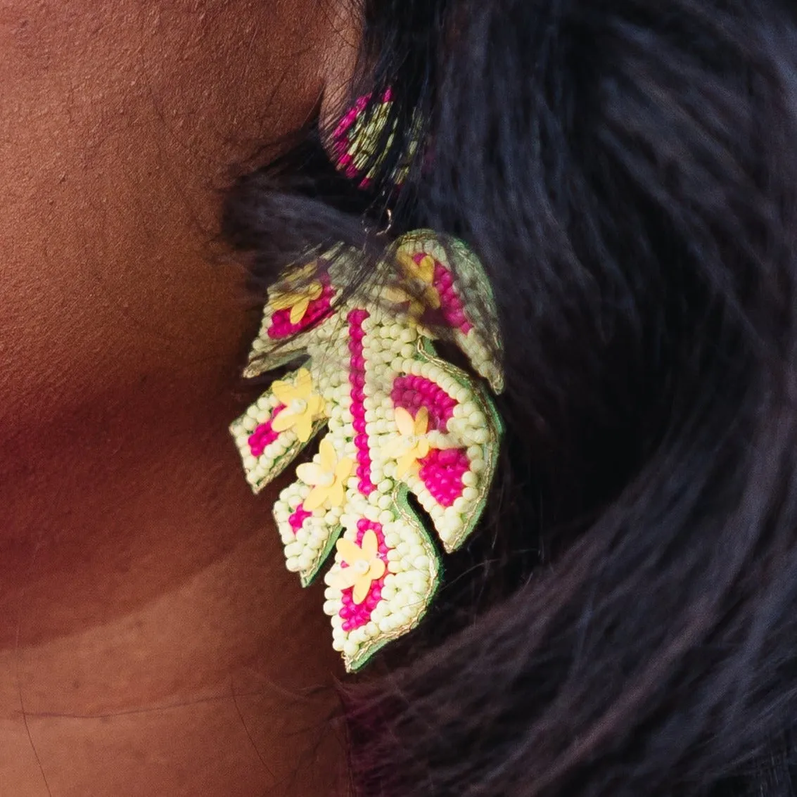 Bohemian Beaded Monstera Leaf Earring