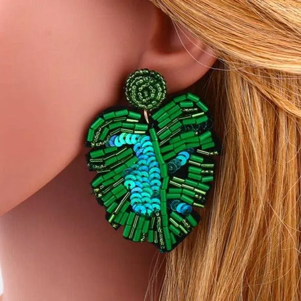 Bohemian Beaded Monstera Leaf Earring