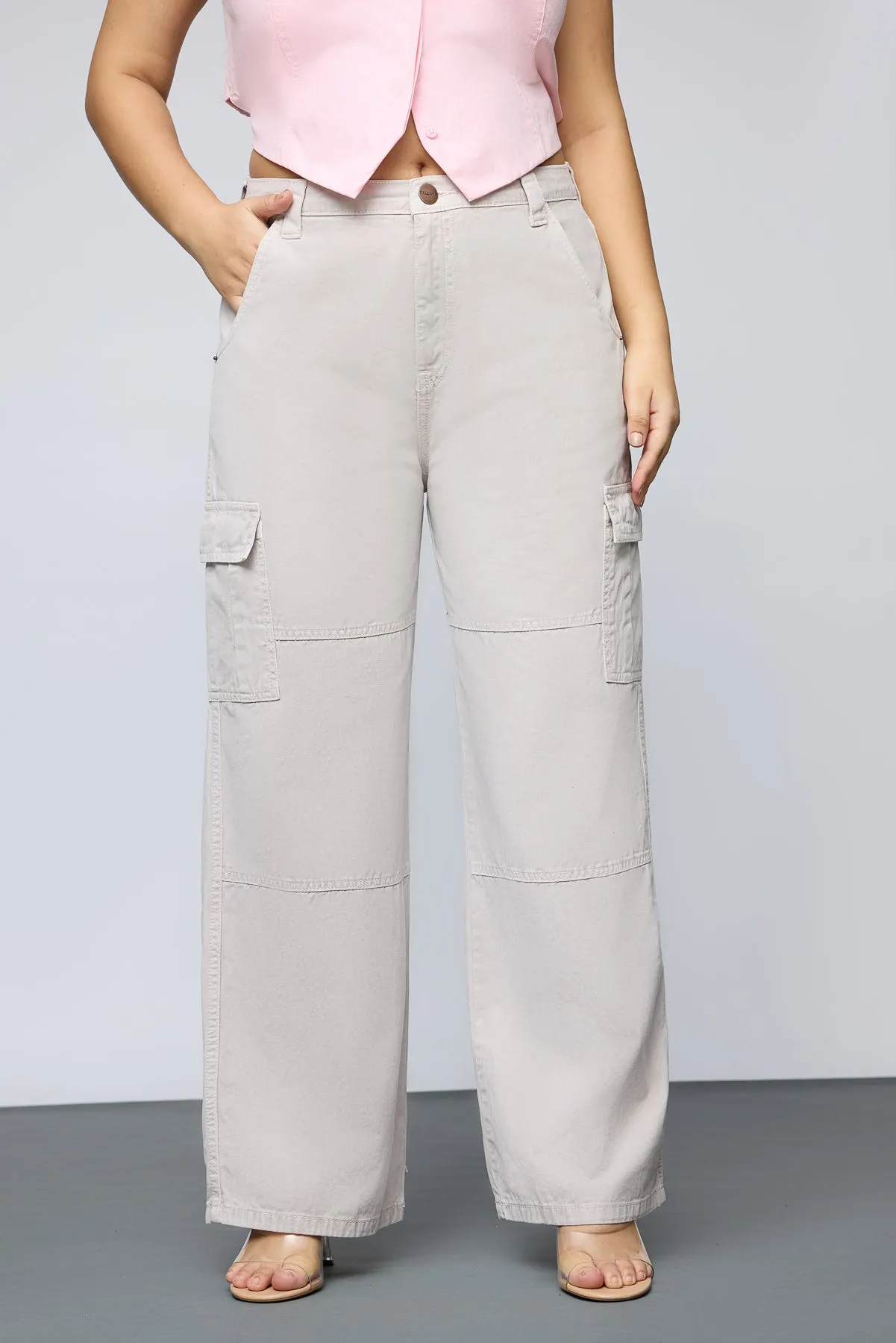 Bohemian Beige Curve Straight Cargo Jeans