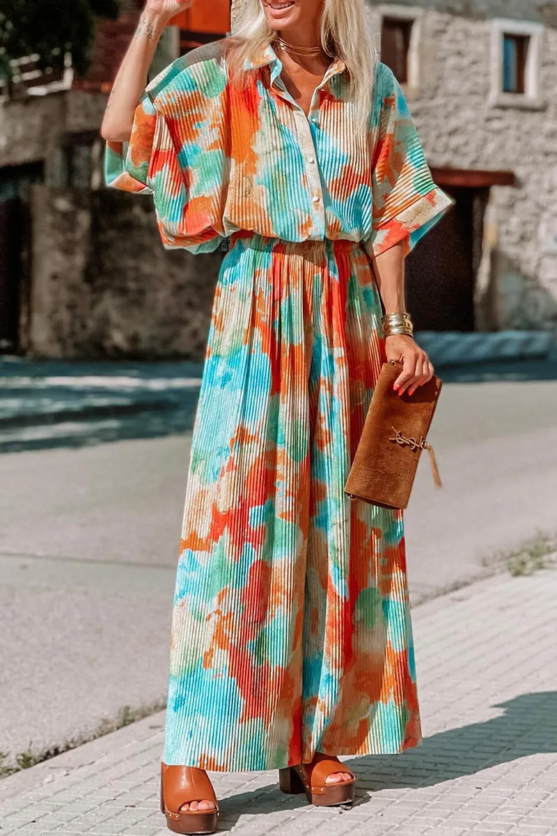 Bohemian Tie Dye Patchwork Turndown Collar Loose Jumpsuits