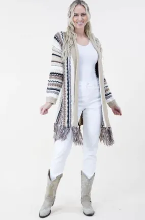 Bohemian Tribal Stripe Cardigan With Fringe Beige Khaki