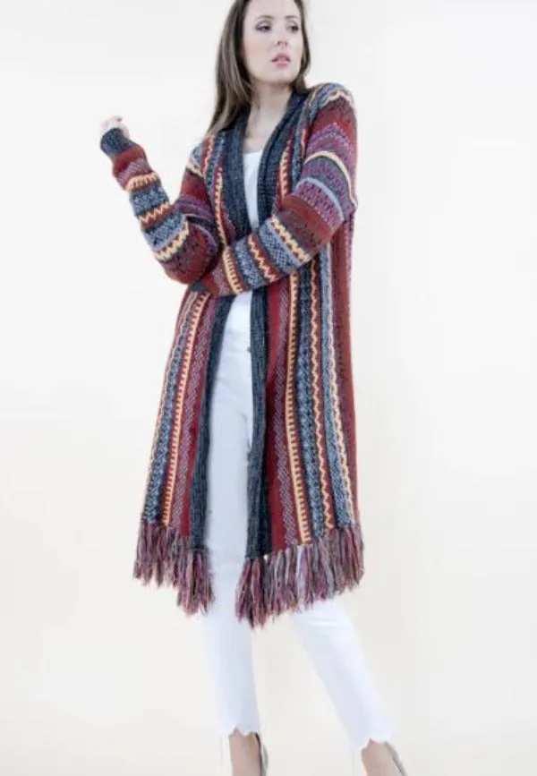 Cardigan -Tribal Bohemian Fringe - Olive Maroon