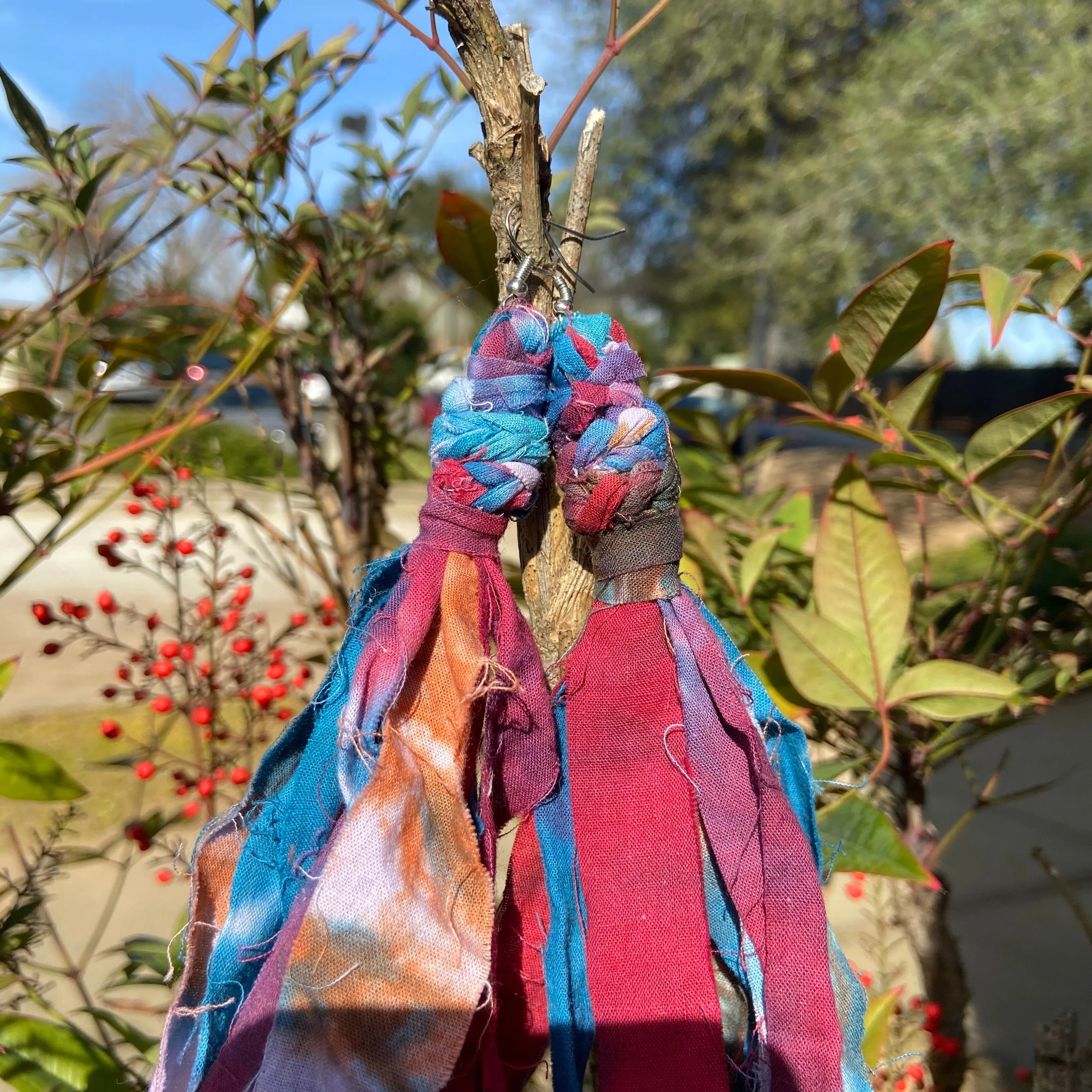 Cotton Tie Dye Bohemian Tassel Earrings Pink Berry