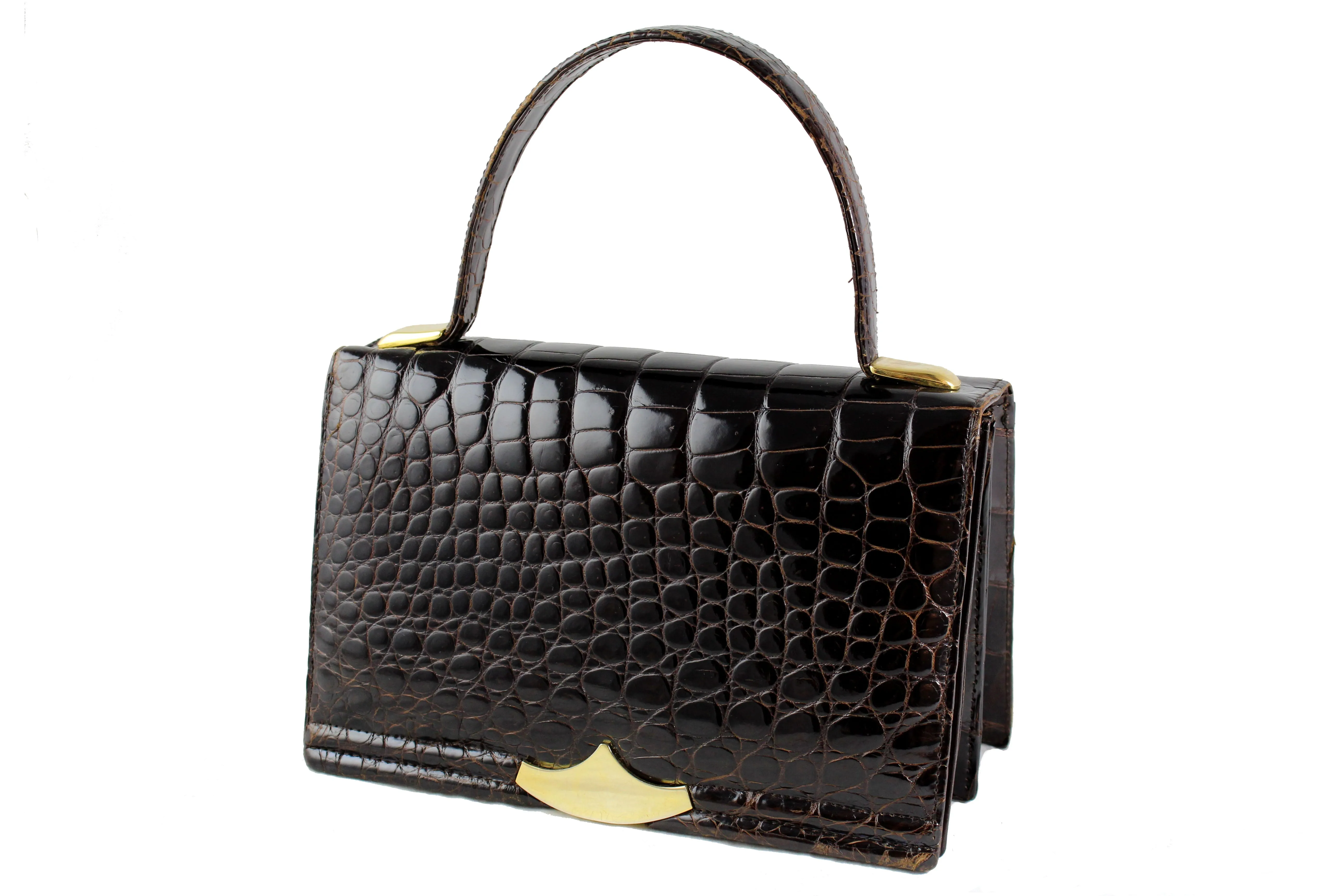 CROCO-PARK brown glossy crocodile skin handbag