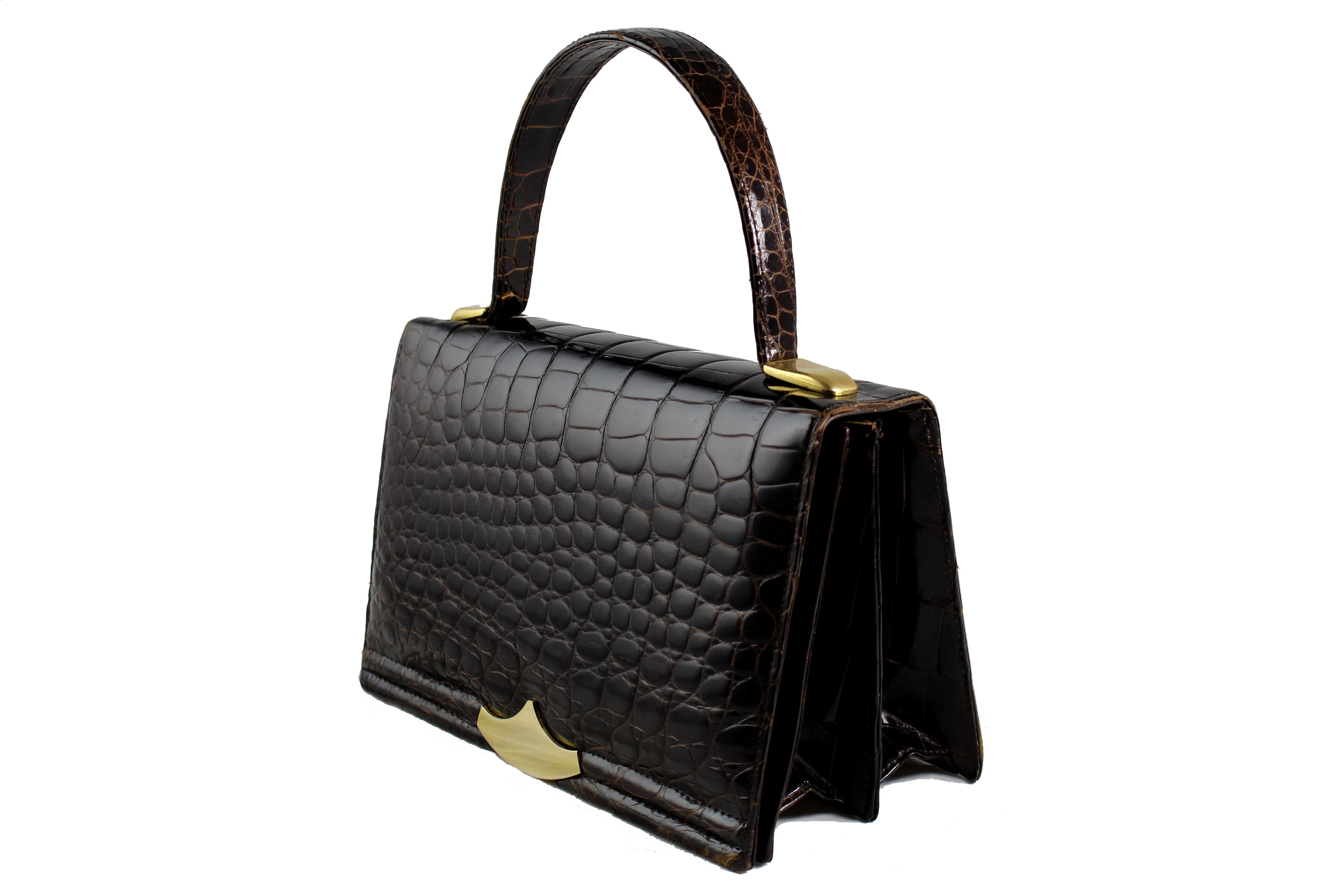 CROCO-PARK brown glossy crocodile skin handbag