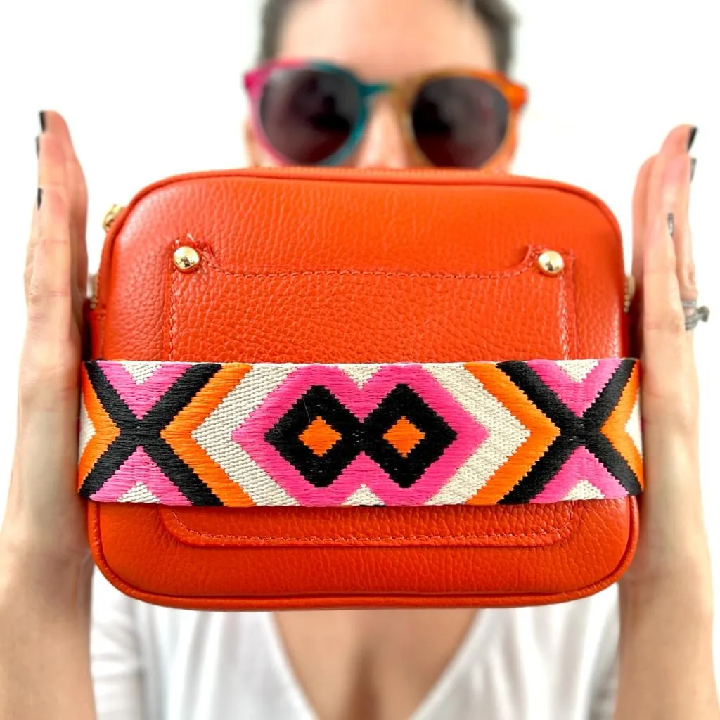 Crossbody Strap - Orange and Pink Bohemian Print (Gold Hardware)