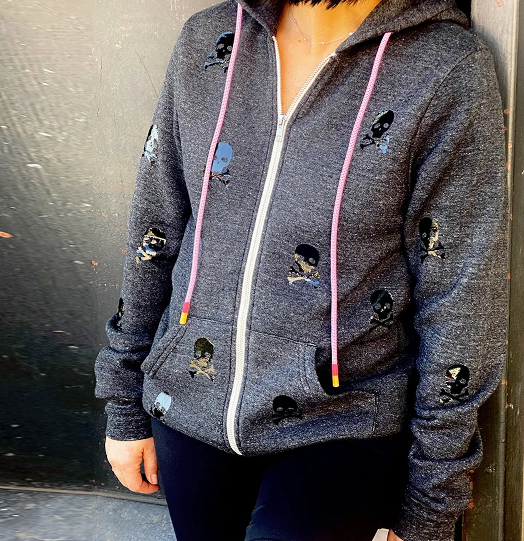 Dotty Charcoal Zip Up Hoodie - Black Glossy Mini Skulls