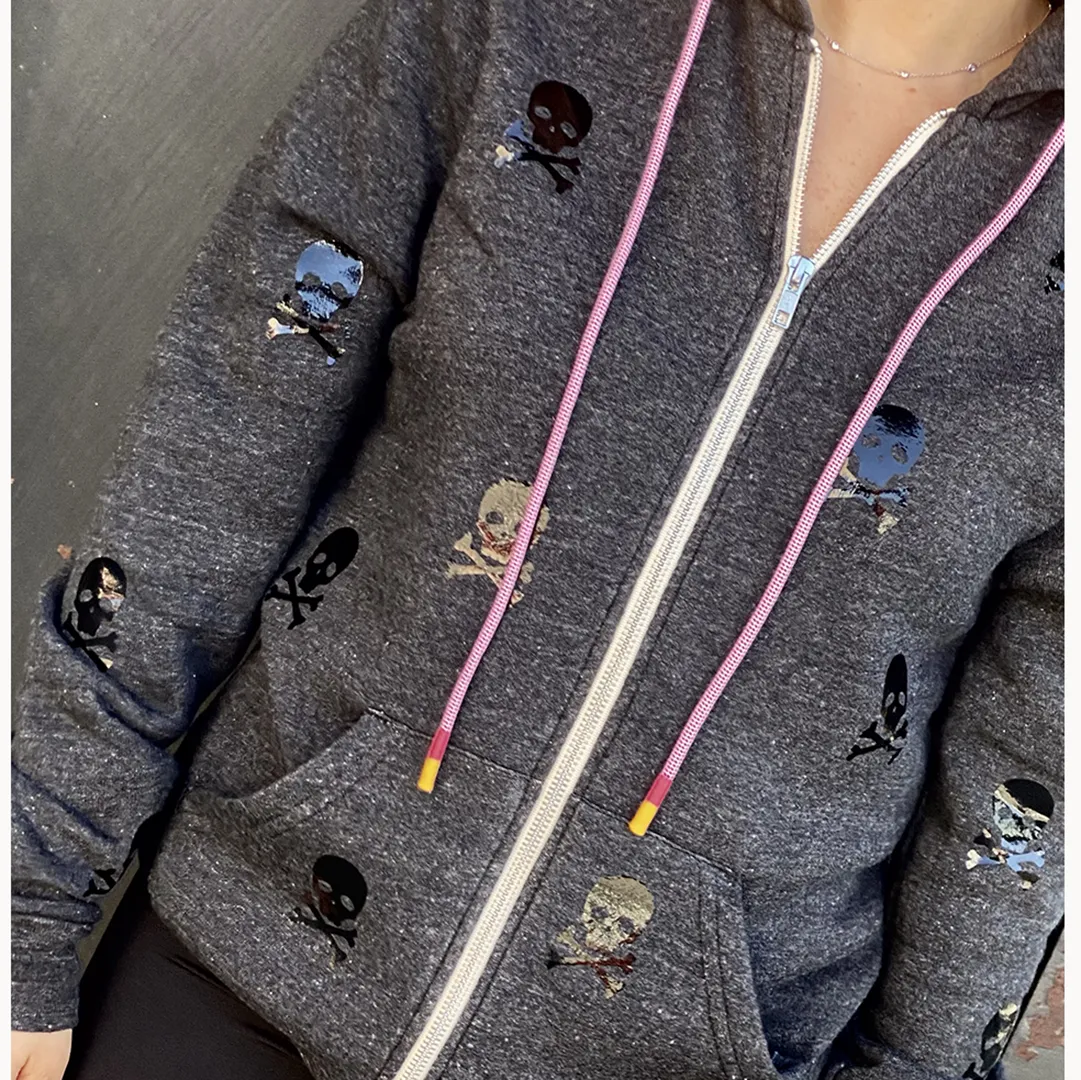 Dotty Charcoal Zip Up Hoodie - Black Glossy Mini Skulls