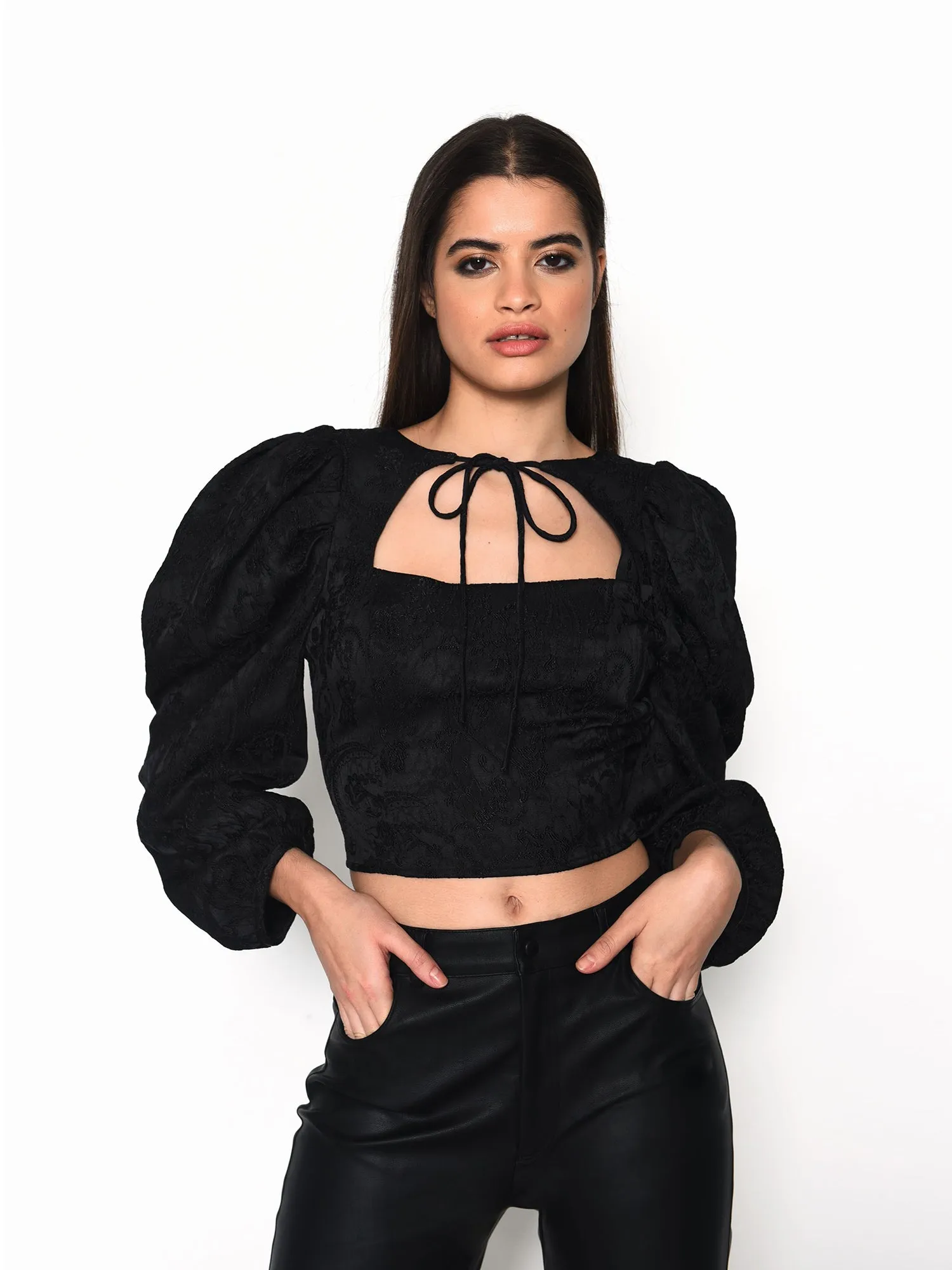 Glamorous Black Brocade Tie Neck Puff Sleeve Crop Top