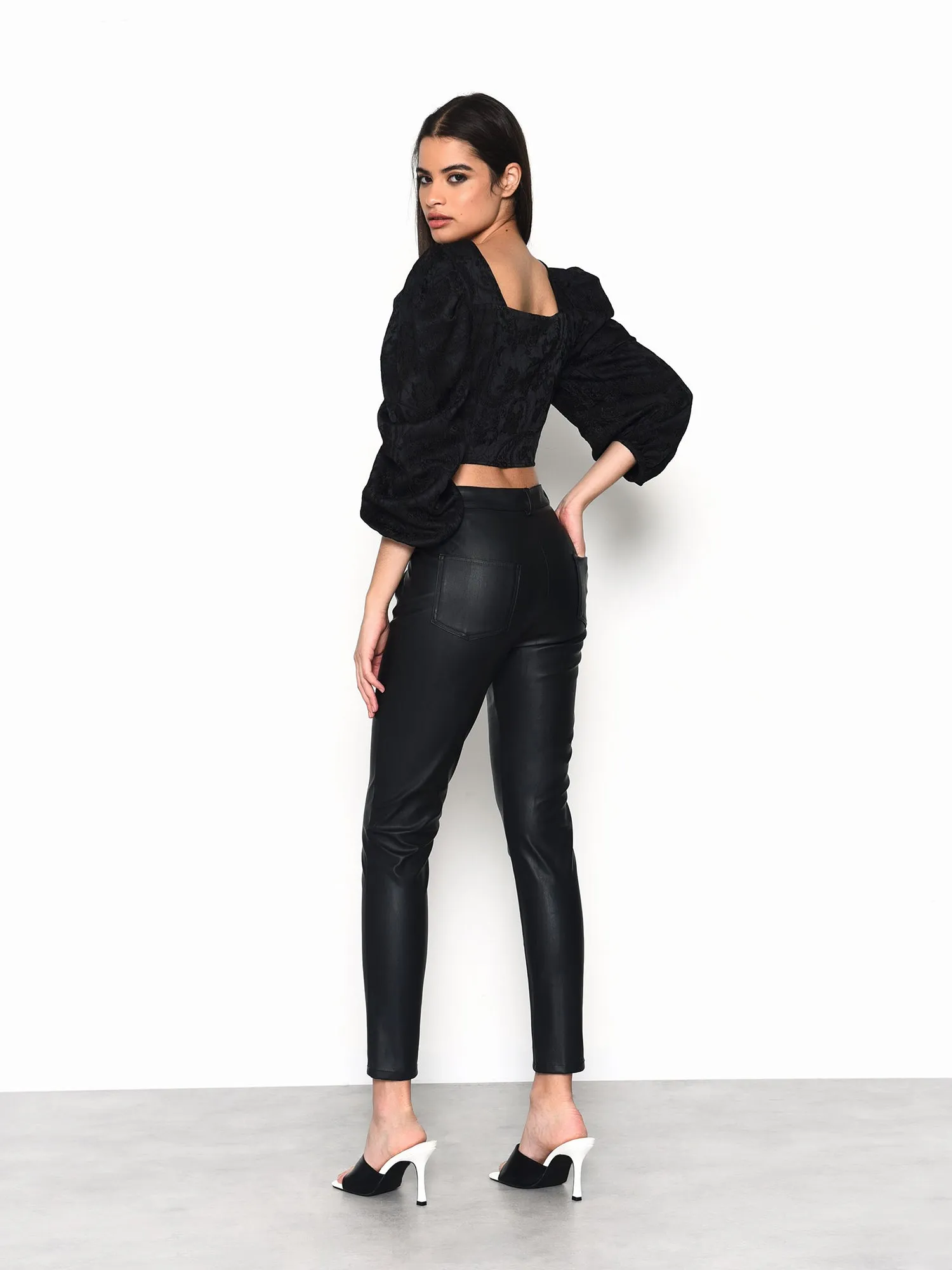 Glamorous Black Brocade Tie Neck Puff Sleeve Crop Top