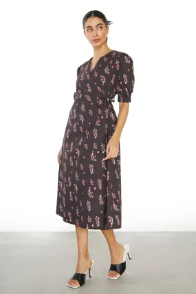 Glamorous Black Pink Motif Wrap Midi Dress