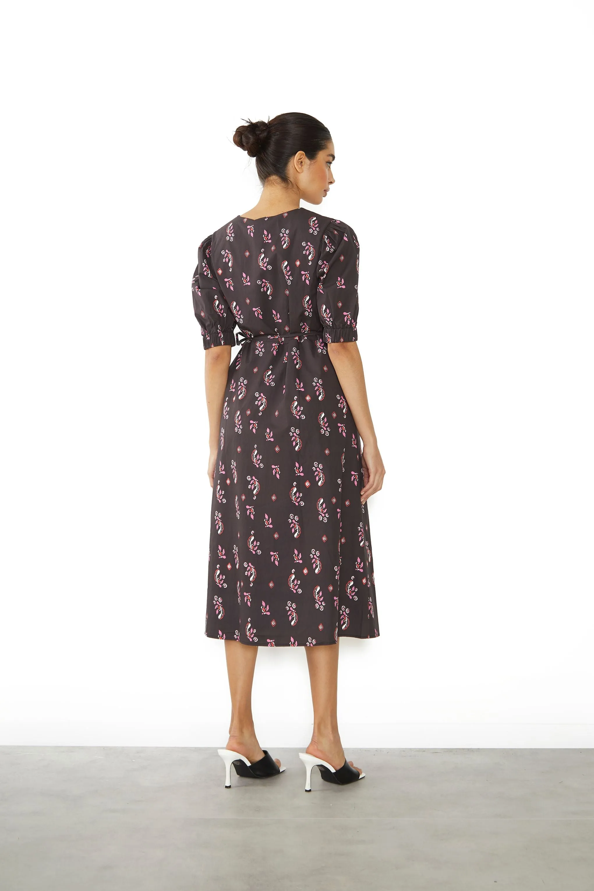 Glamorous Black Pink Motif Wrap Midi Dress