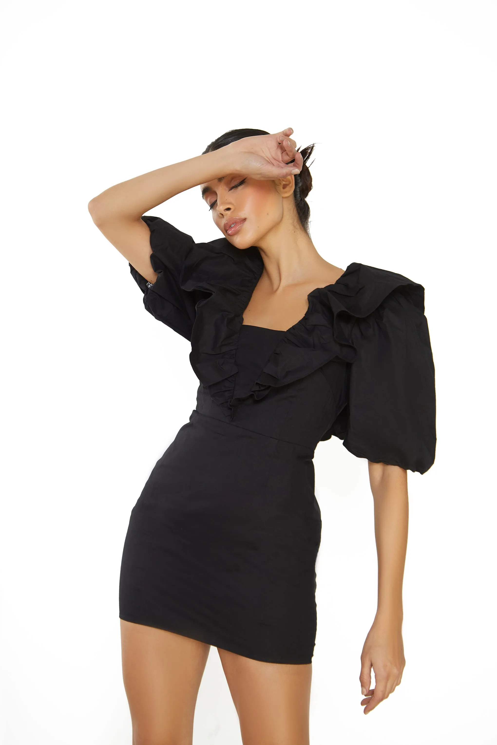 Glamorous Black Ruffle Puff Shoulder Mini Dress