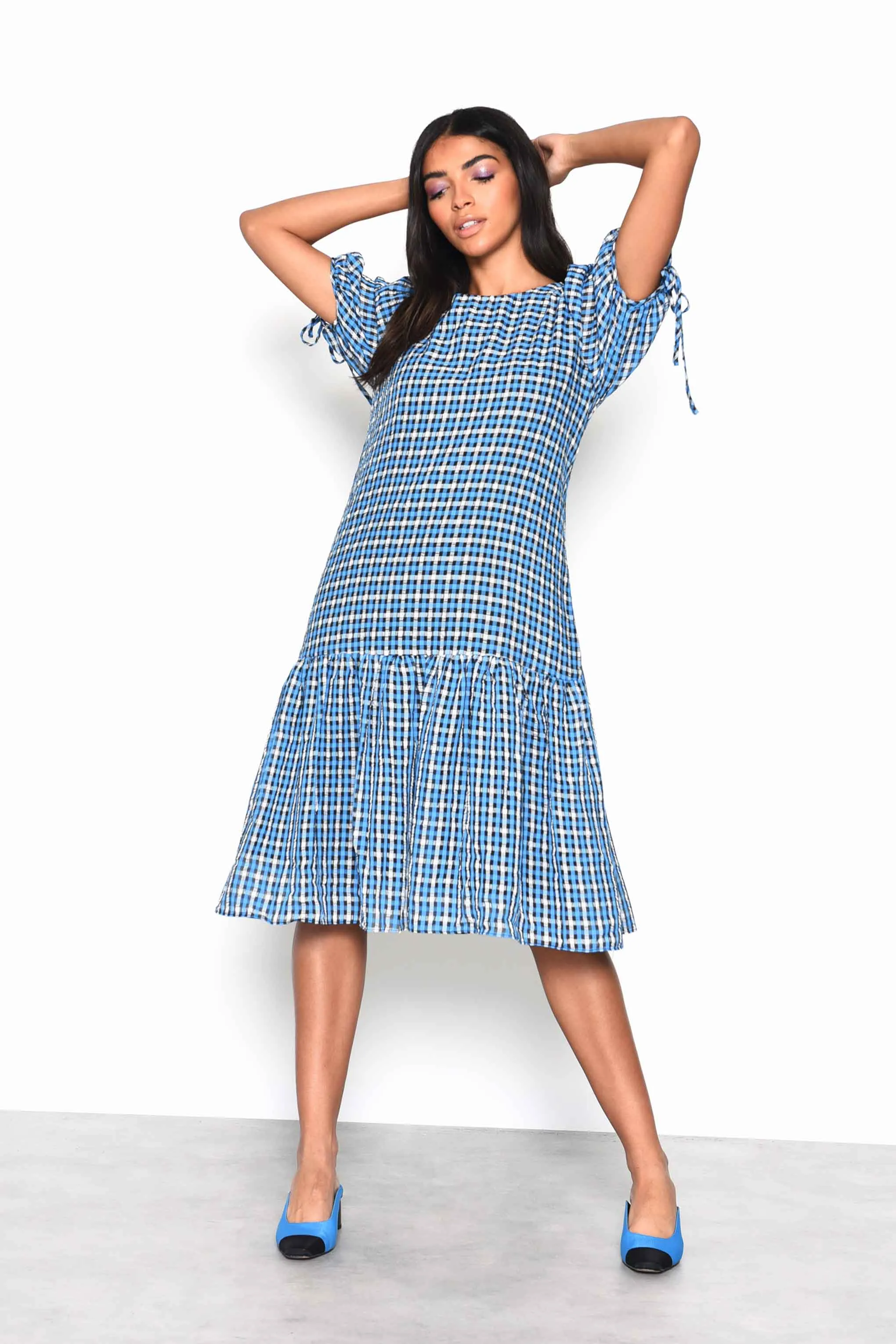 Glamorous Blue Multi Check Tiered Midi Dress with Puff Sleeves and Tie Back Detail