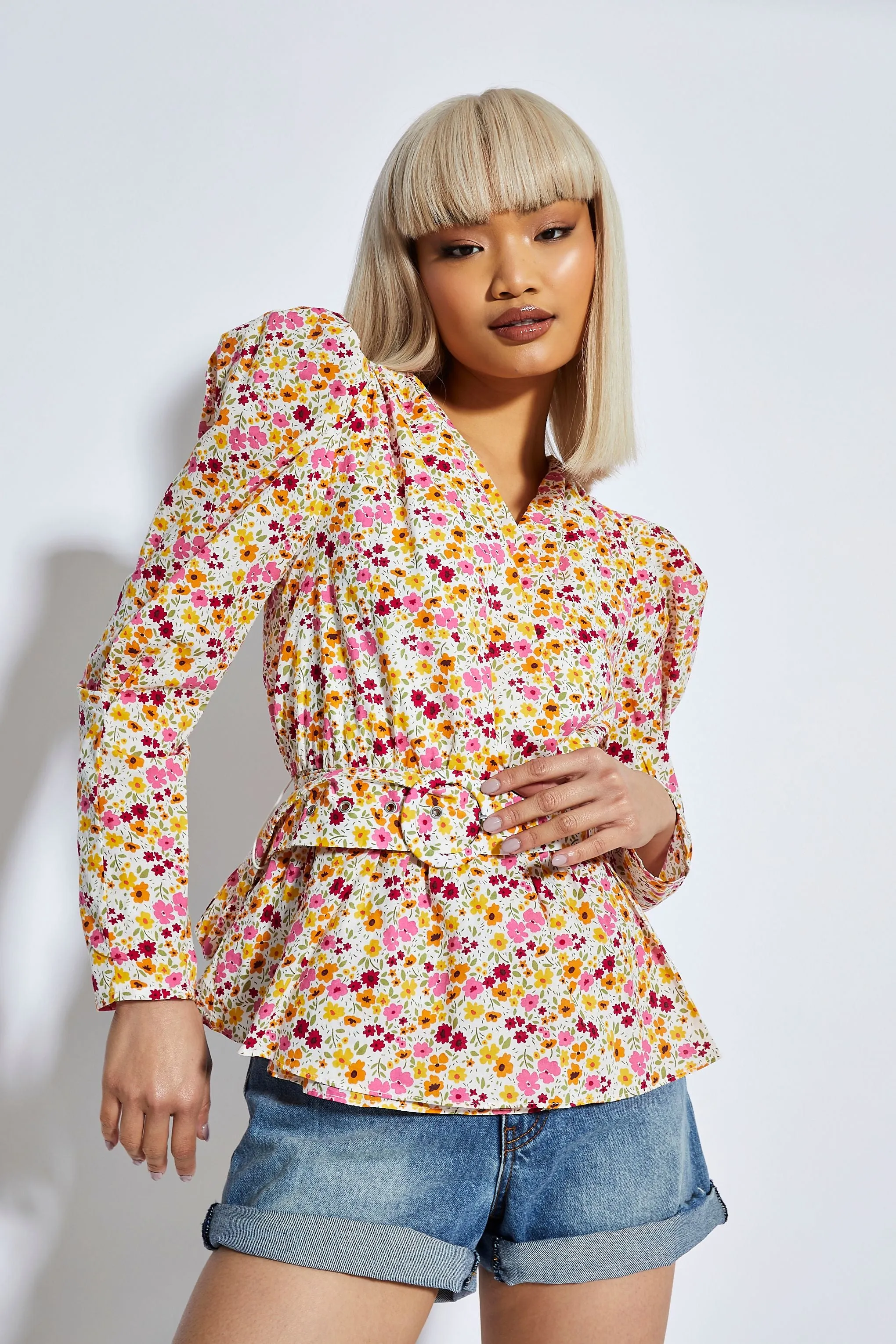 Glamorous Bold Multi Flower Puff Shoulder Belted Blouse