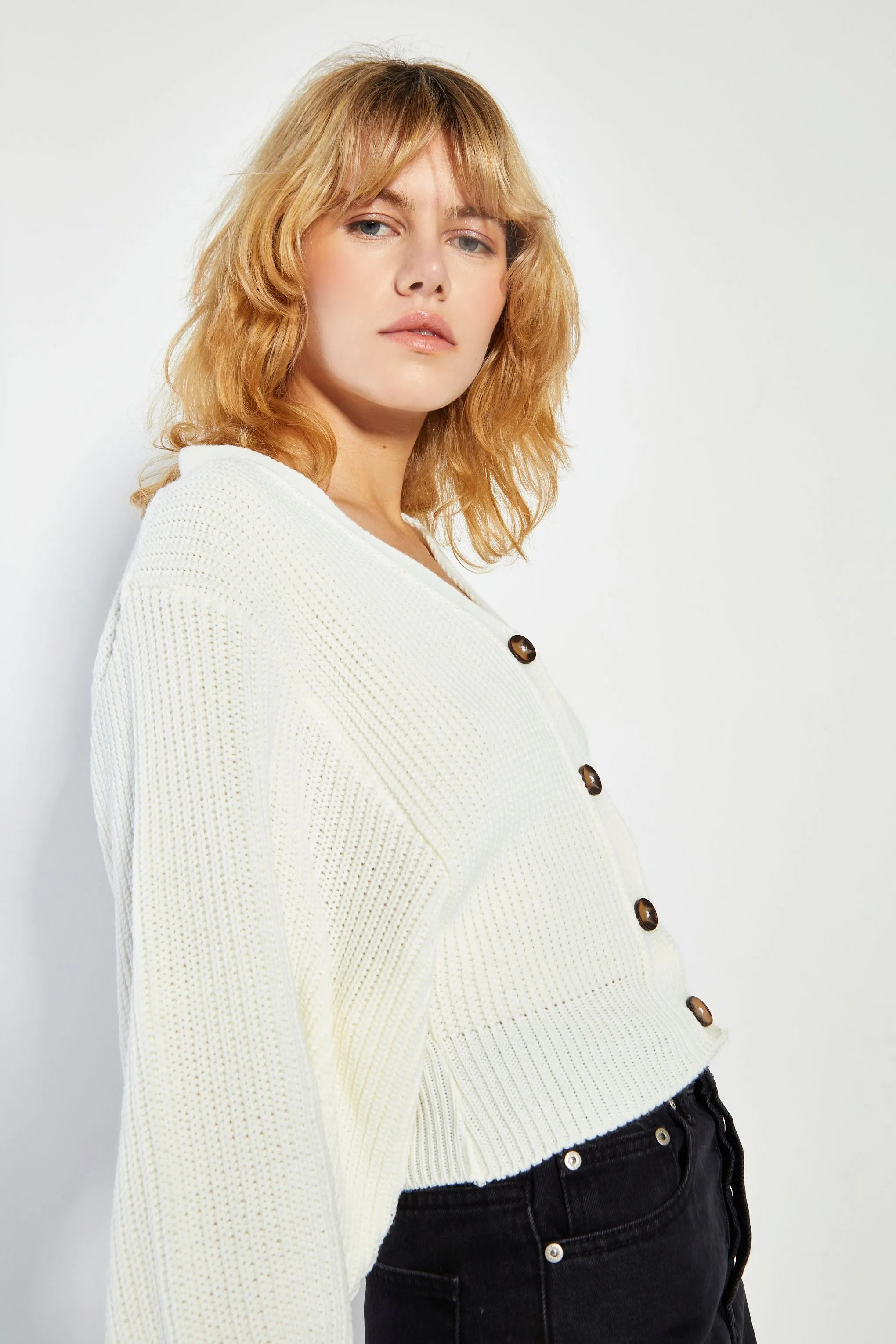 Glamorous Bone White button Front Knit Cardigan