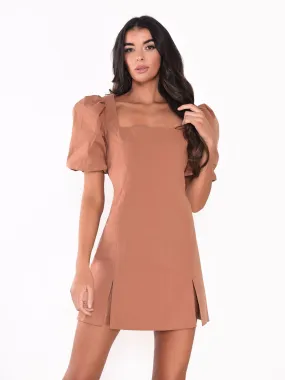 Glamorous Brown Puff Sleeve Split Dress