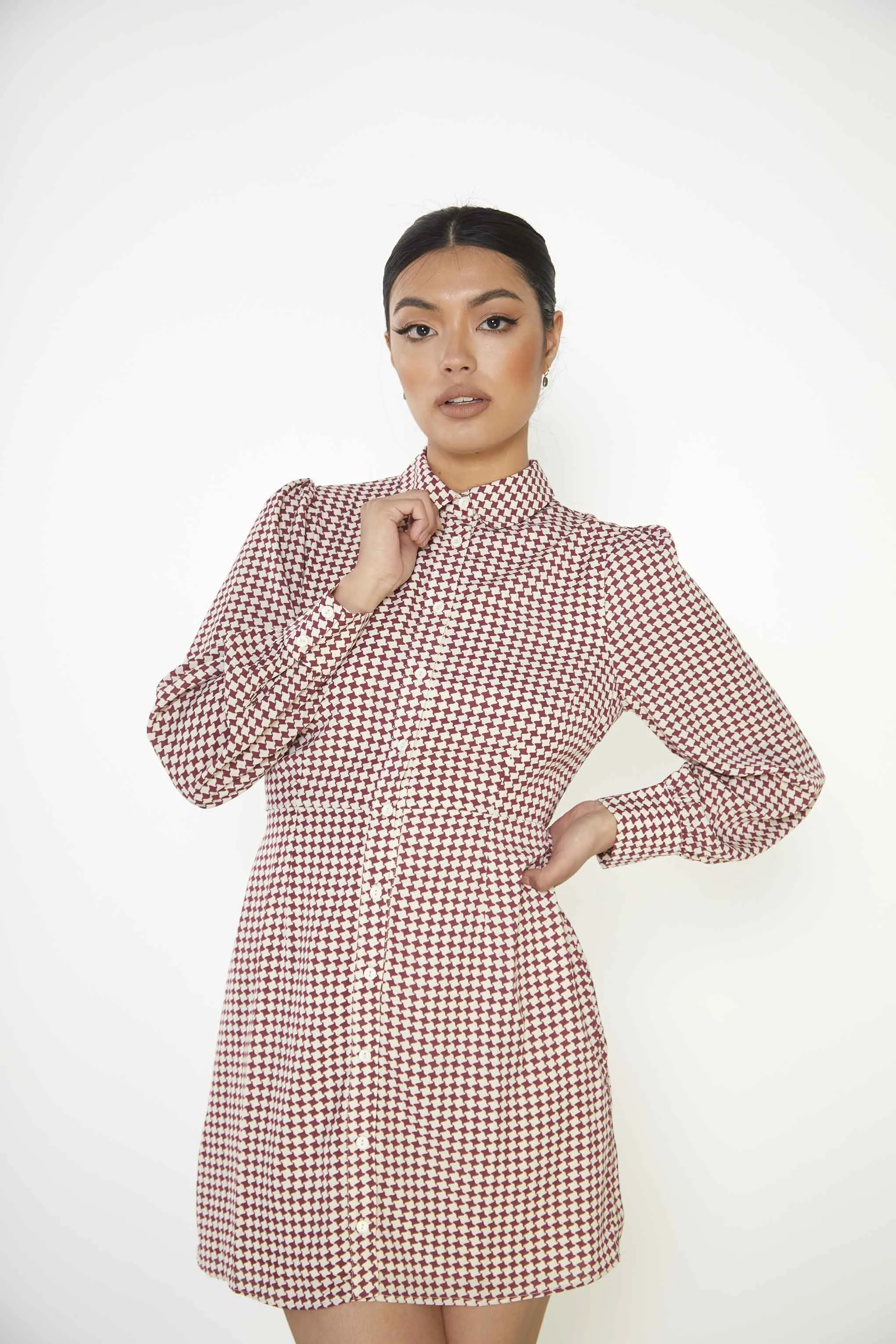 Glamorous Burgundy Geometric Check Long Sleeve Mini Shirt Dress with Peter Pan Collar