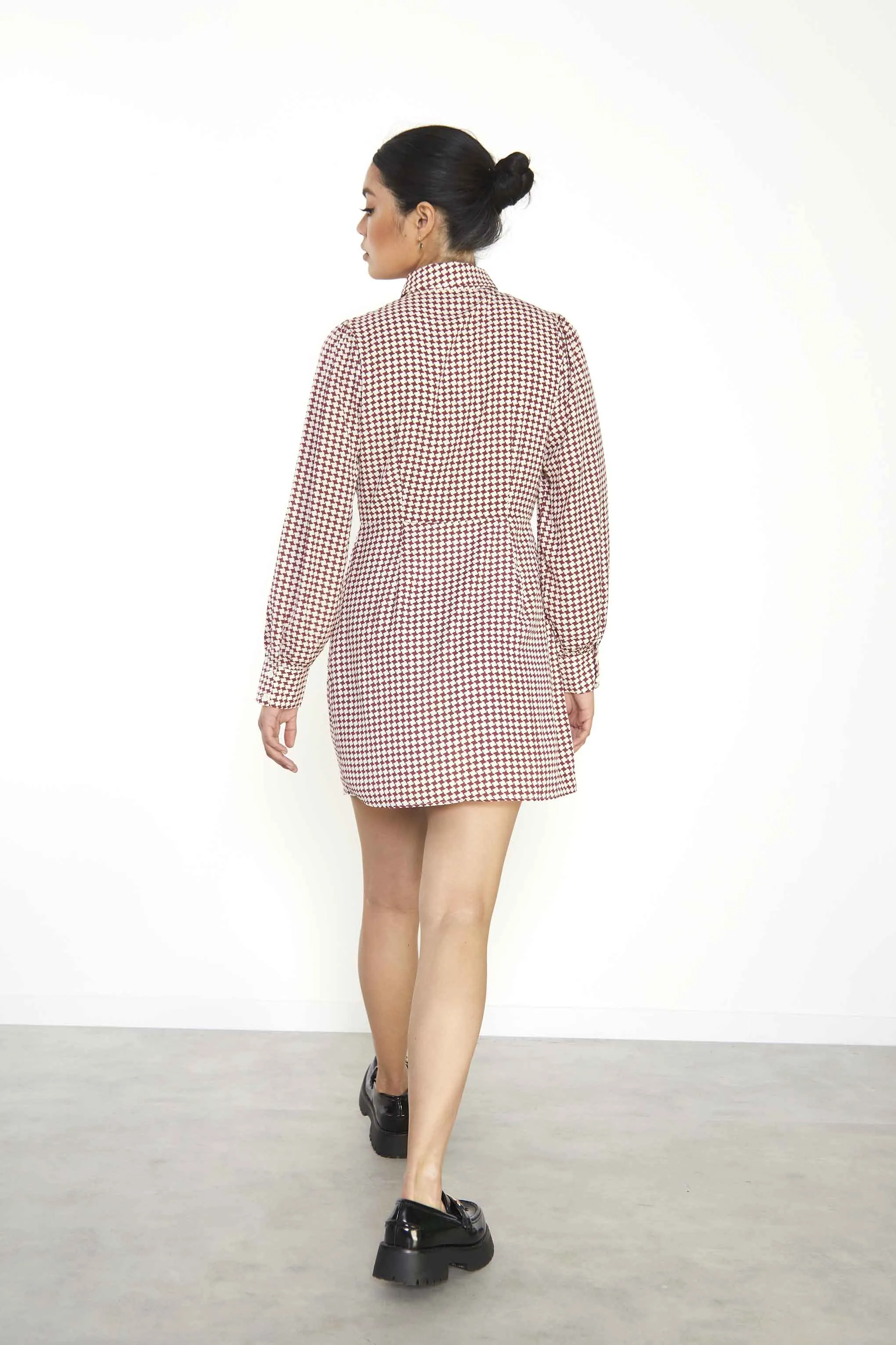 Glamorous Burgundy Geometric Check Long Sleeve Mini Shirt Dress with Peter Pan Collar