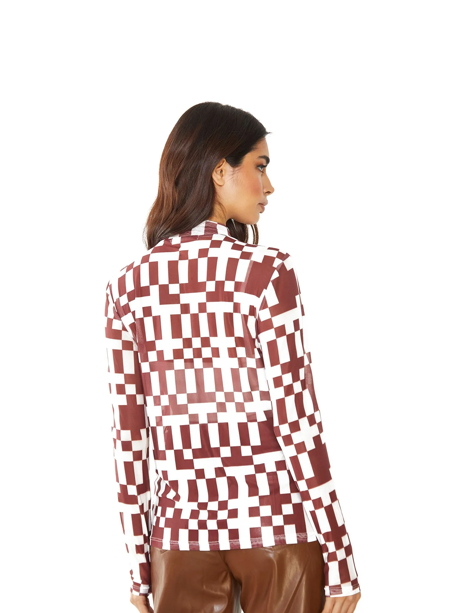 Glamorous Burgundy Mesh Check Geo Pattern Long Sleeve High Neck Top