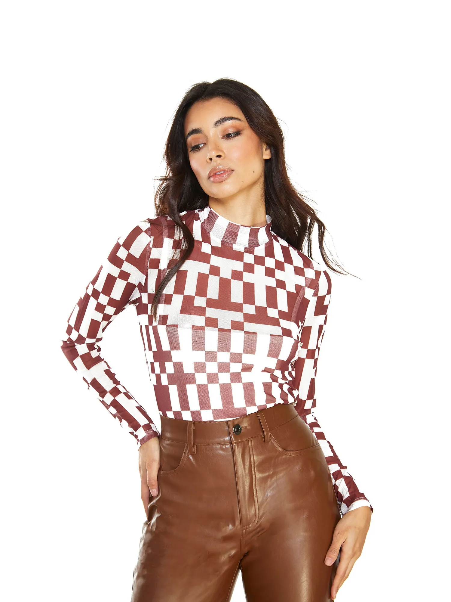 Glamorous Burgundy Mesh Check Geo Pattern Long Sleeve High Neck Top