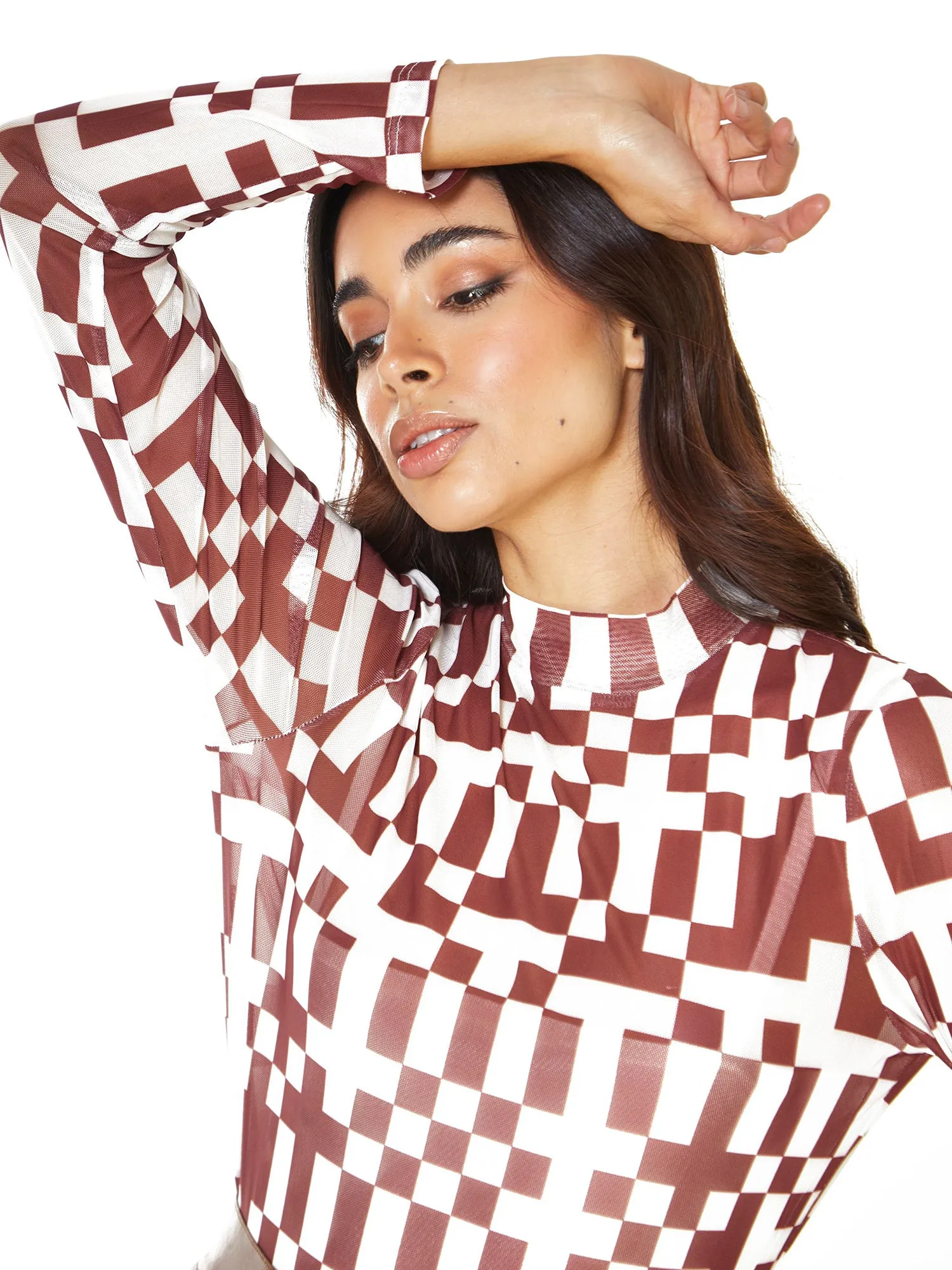 Glamorous Burgundy Mesh Check Geo Pattern Long Sleeve High Neck Top