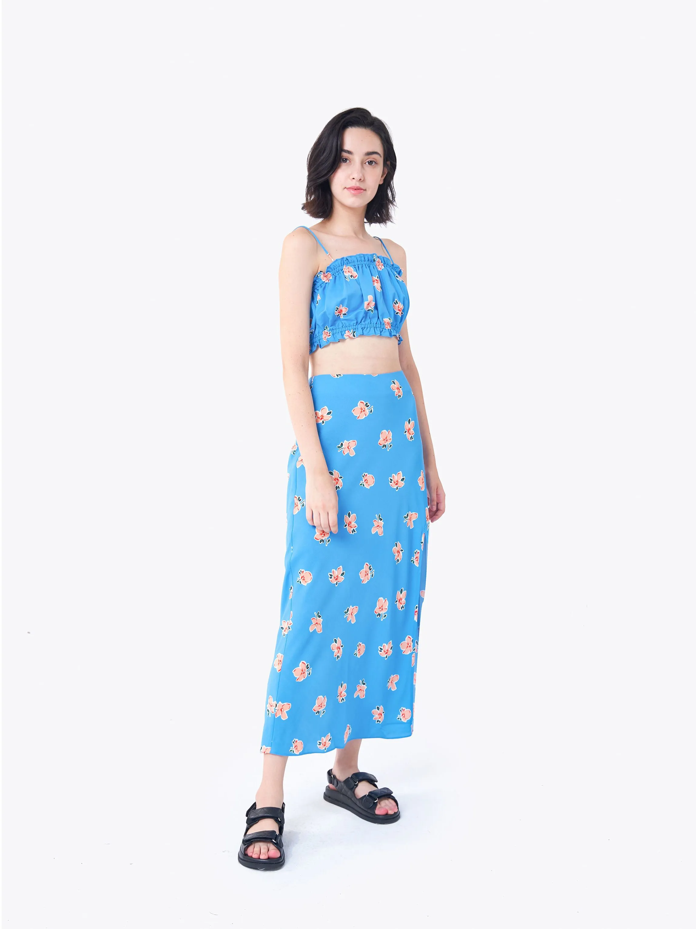 Glamorous Care Blue Orange Floral Midi Skirt