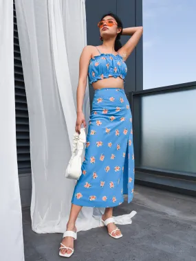 Glamorous Care Blue Orange Floral Midi Skirt