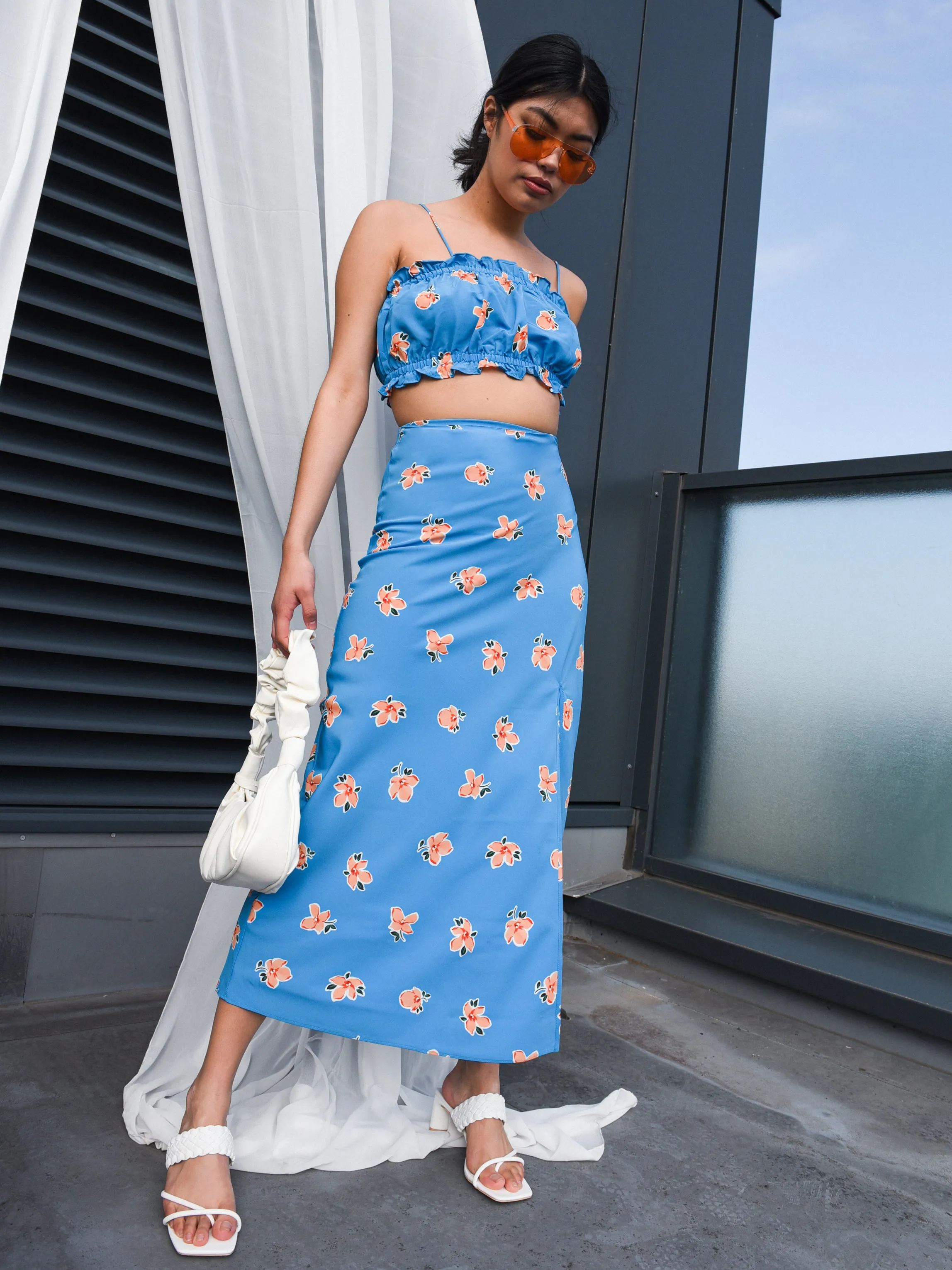 Glamorous Care Blue Orange Floral Midi Skirt